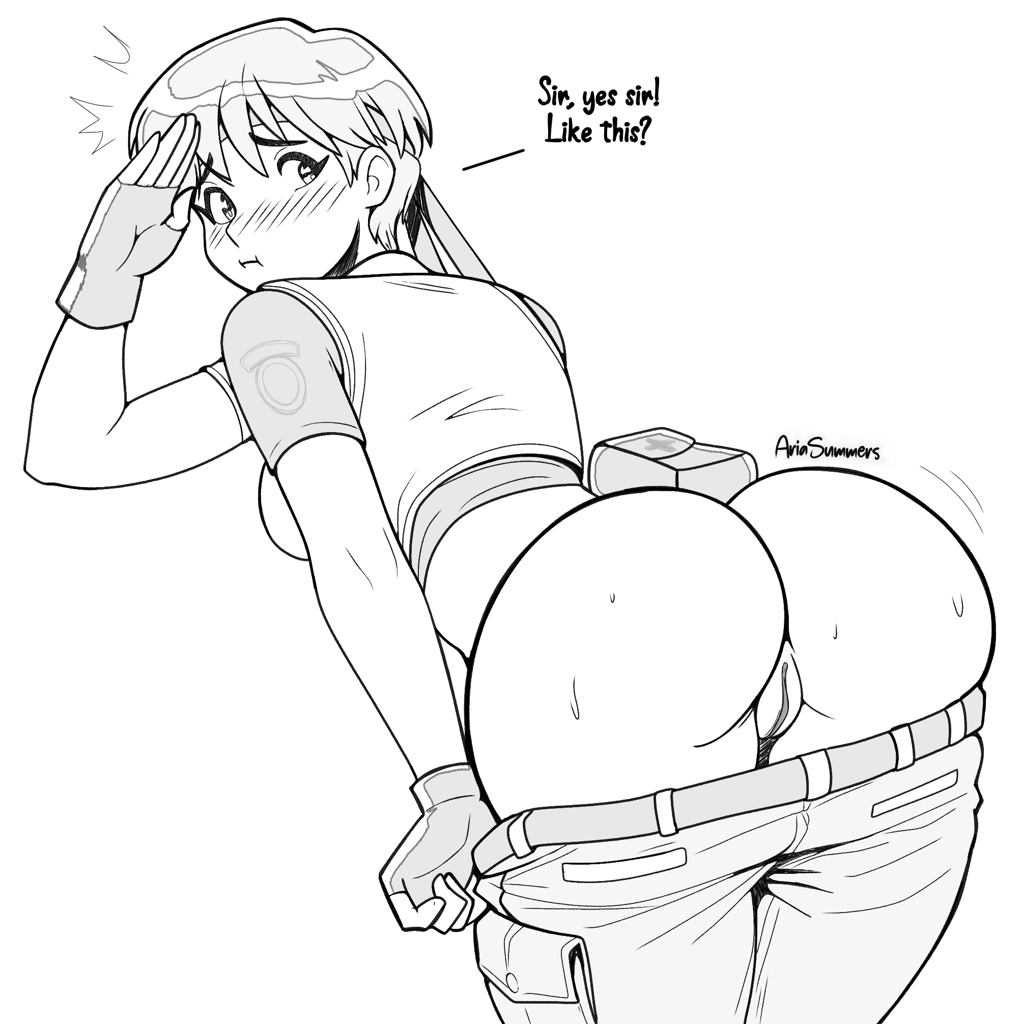 ariasummers, ass, ass focus, blush, capcom, exposed ass, exposed pussy, female, gloves, headband, imminent sex, pants down, pout, pouting, pussy, rebecca chambers, resident evil, resident evil 0, salute, sketch, worried