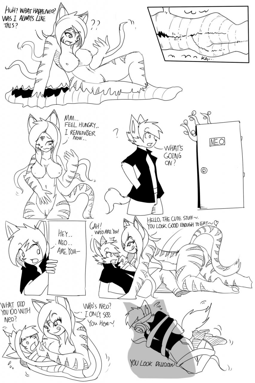 2012 after_transformation anthro bedroom_eyes biped bondage bondage bound breasts clothed clothing comic confusion crawling deiser dialogue domestic_cat door duo emerging english_text felid feline felis female female_anthro fully_colored gender_transformation genitals hand_on_own_belly hi_res hybrid imminent_vore kneeling licking licking_lips looking_at_hand looming_over male male_anthro mammal markings monochrome motion_lines mtf_transformation mxl narrowed_eyes navel neo_(neo222) nipples nude one_eye_closed paws plant pussy question_mark questionable_consent seductive simple_background sitting sitting_on_ground species_transformation standing striped_markings stripes submissive submissive_male tail text tongue tongue_out transformation transformation_sequence vines white_background