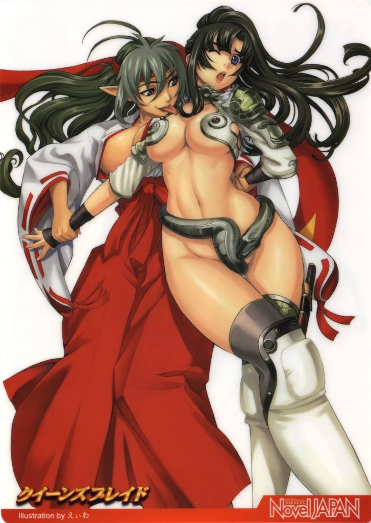 black_hair blue_eyes breasts cleavage cosplay costume_switch curvaceous curvy echidna_(queen's_blade) echidna_(queen's_blade)_(cosplay) eiwa equidonia equidonia_(cosplay) female grey_eyes grey_hair hakama japanese_clothes large_breasts licking long_hair miko multicolored_hair multiple_girls open_mouth oppai pointy_ears ponytail queen's_blade restrained snake thighhighs tied_hair tomoe tomoe_(cosplay) tongue two_tone_hair wafuku wide_hips wince yuri