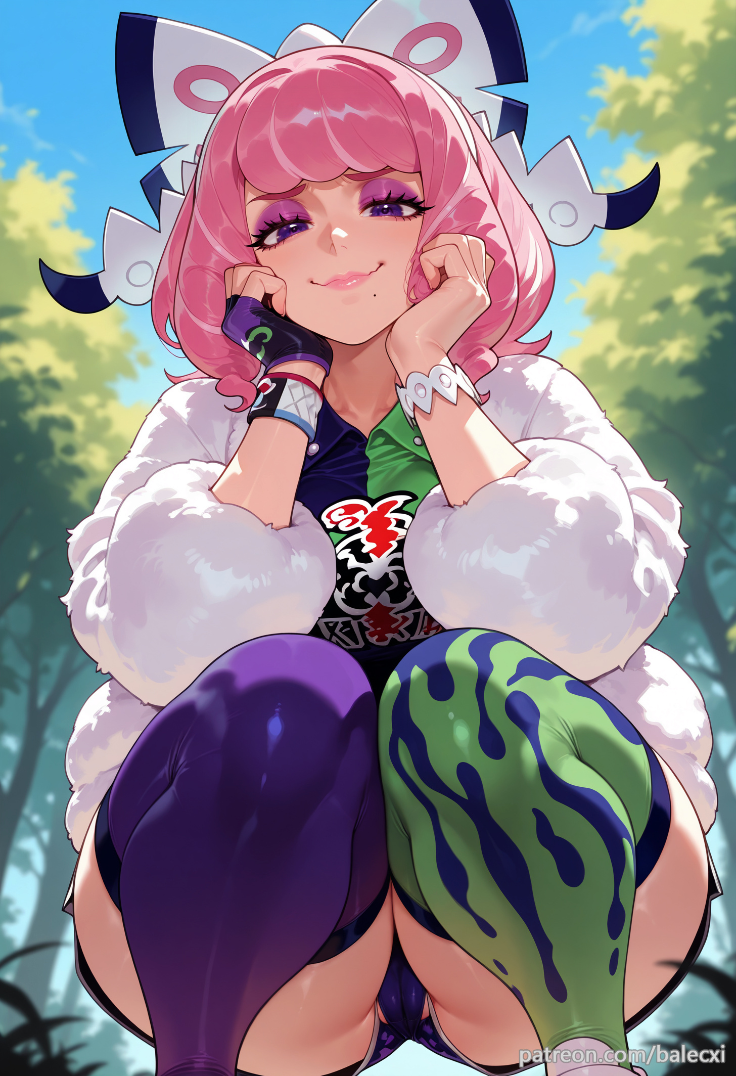 ai generated, asymmetrical legwear, balecxi, bracelet, day, drill hair, female, flipped hair, fur coat, gloves, hairbow, hands on own face, jewelry, klara (pokemon), looking at viewer, makeup, mismatched legwear, mole, mole under mouth, outdoors, patreon username, pink eyeshadow, pink hair, pink lips, pokemon, pokemon ss, print thighhighs, purple eyes, shirt, short hair, shorts, single glove, smile, solo, squatting, twin drills, white coat