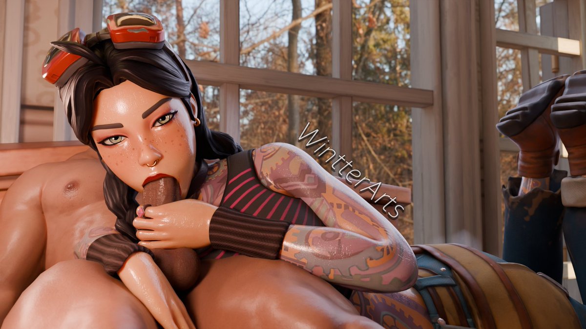 1boy, 1girls, 3d, blowjob, body tattoo, clothed, female, fortnite, freckles, freckles on face, hand on penis, jules (fortnite), legs together, legs up, light skin, light-skinned female, light-skinned male, looking at viewer, male, penis, tattoed girl, tattoo, tattoo on arm, tattoo on chest, tattooed arm, tattoos, tattoos everywhere, wintterarts