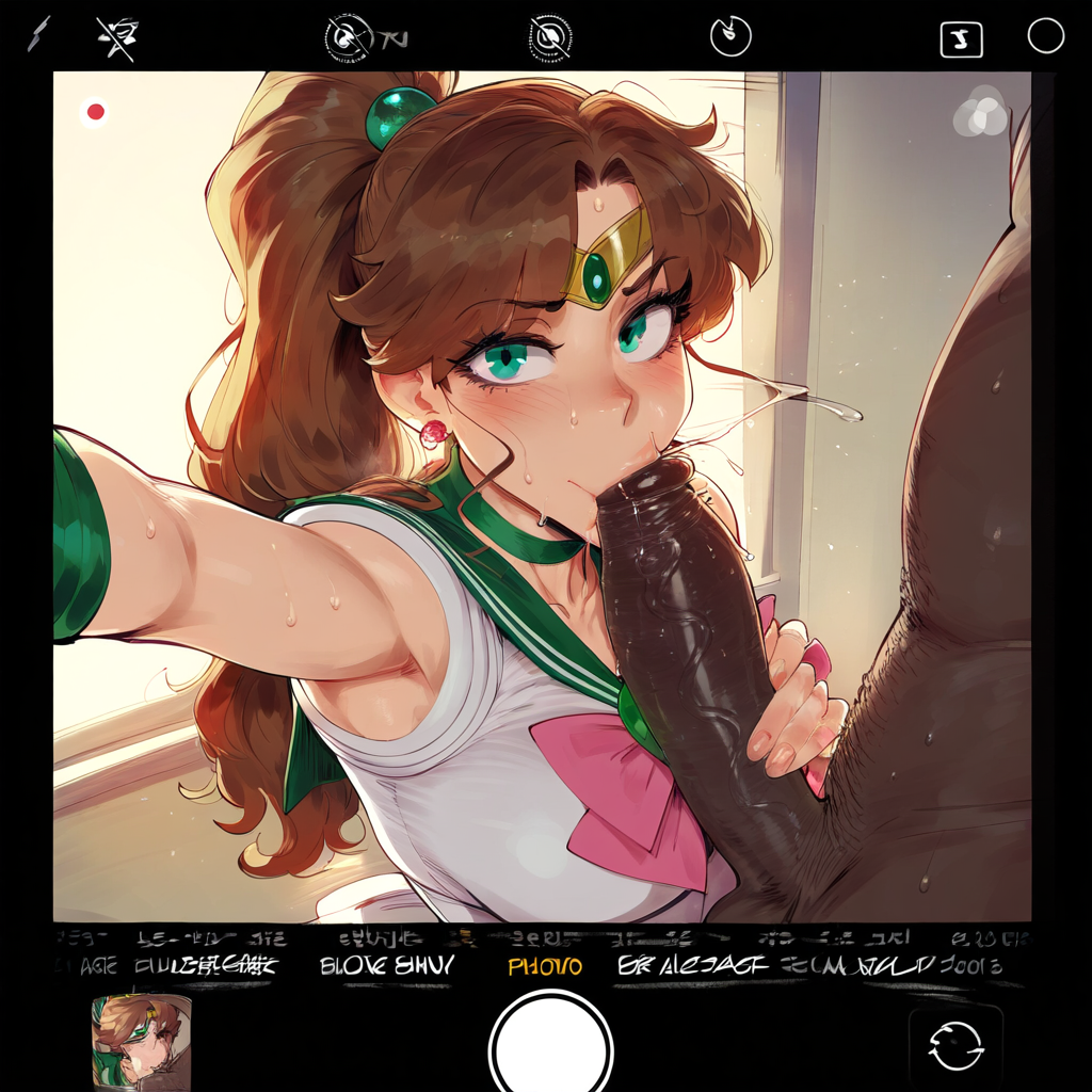 1boy 1girl 2024 ai_generated balls bishoujo_senshi_sailor_moon blowjob blush brown_hair close-up dark-skinned_male dark_skin elbow_gloves erect_penis erection faceless_male fellatio female green_eyes large_penis light-skinned_female light_skin looking_at_viewer magical_girl makoto_kino male male/female oral oral_sex penis posing posing_with_penis sailor_jupiter sailor_senshi_uniform selfie social_media straight sucking_penis sweat testicles tiara zawuardo