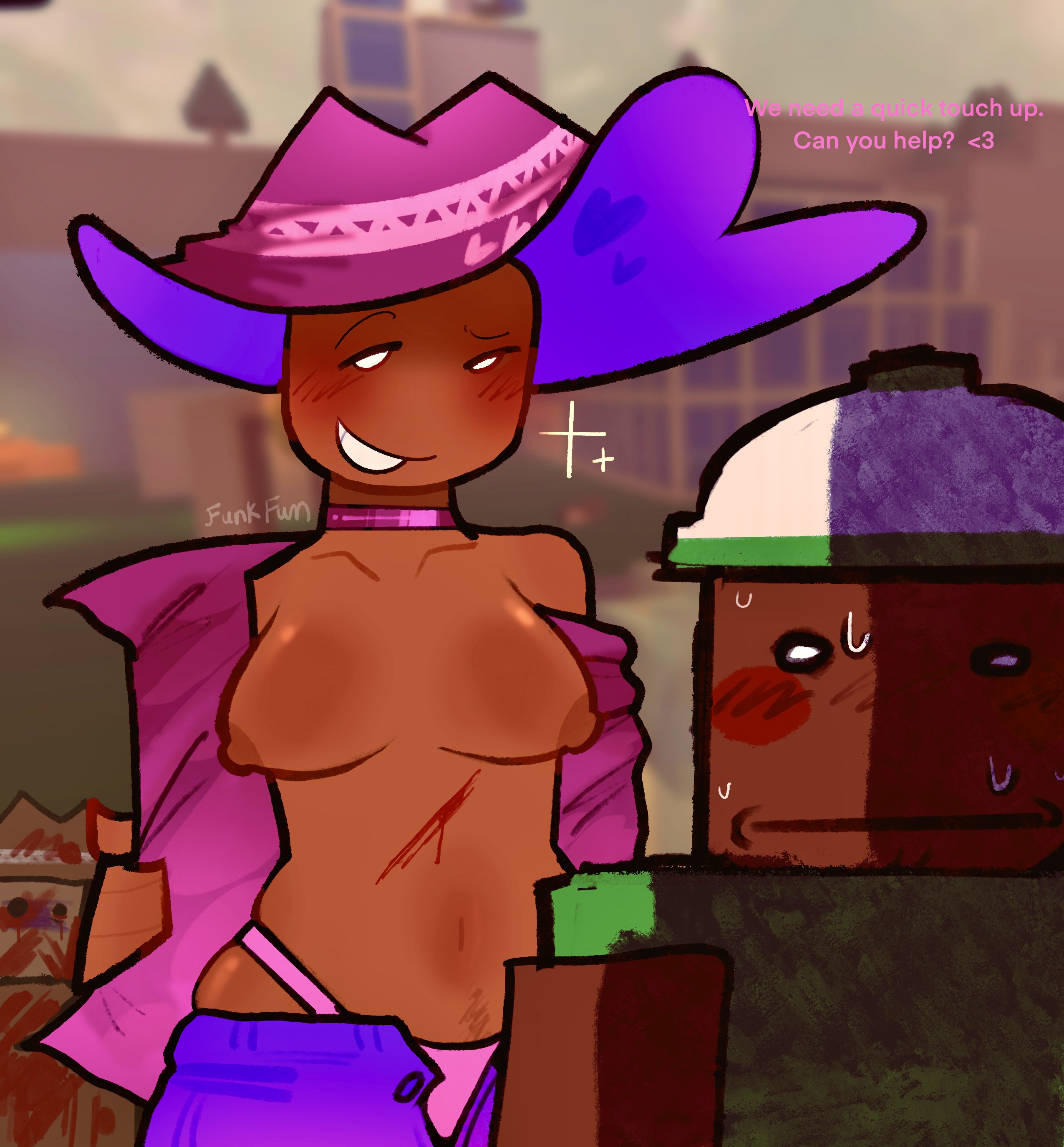 1girls, 3d background, artist name, blocky body, boobs out, breasts, breasts out, carepad (die of death), civilian (die of death), die of death (roblox), female, female focus, funkfun, half naked, injury, loveshot (die of death), nipples, open clothes, panties, revolver (die of death), roblox, roblox background, roblox game, robloxian, self upload, tagme, unbuttoned pants, watermark