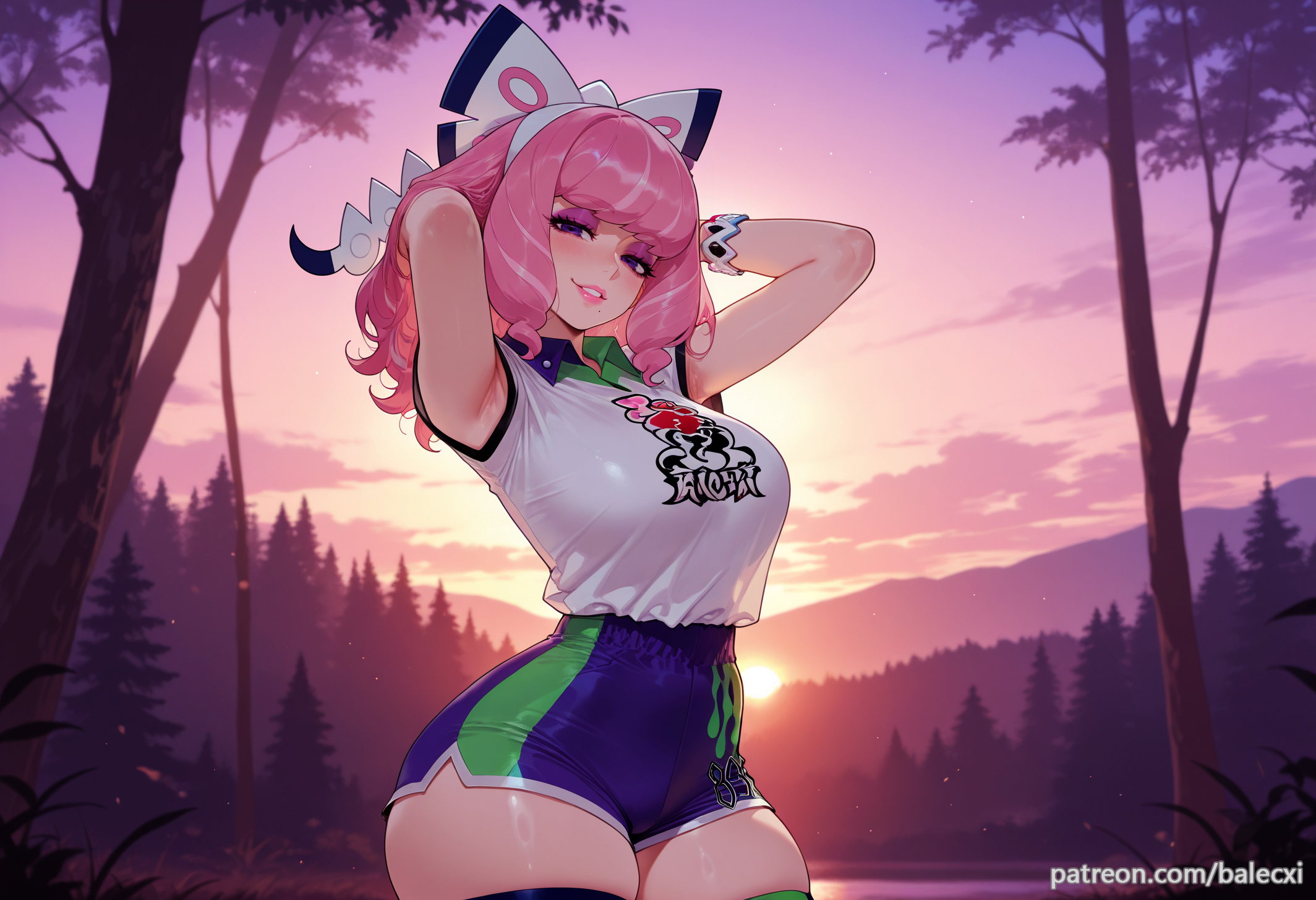 ai generated, armpits, balecxi, breasts, drill hair, female, flipped hair, klara (pokemon), large breasts, looking at viewer, makeup, mole, mole under mouth, outdoors, patreon username, pink eyeshadow, pink hair, pink lips, pokemon, pokemon ss, print shirt, print shorts, side slit shorts, smile, solo, sunset, thighhighs, tree, twin drills