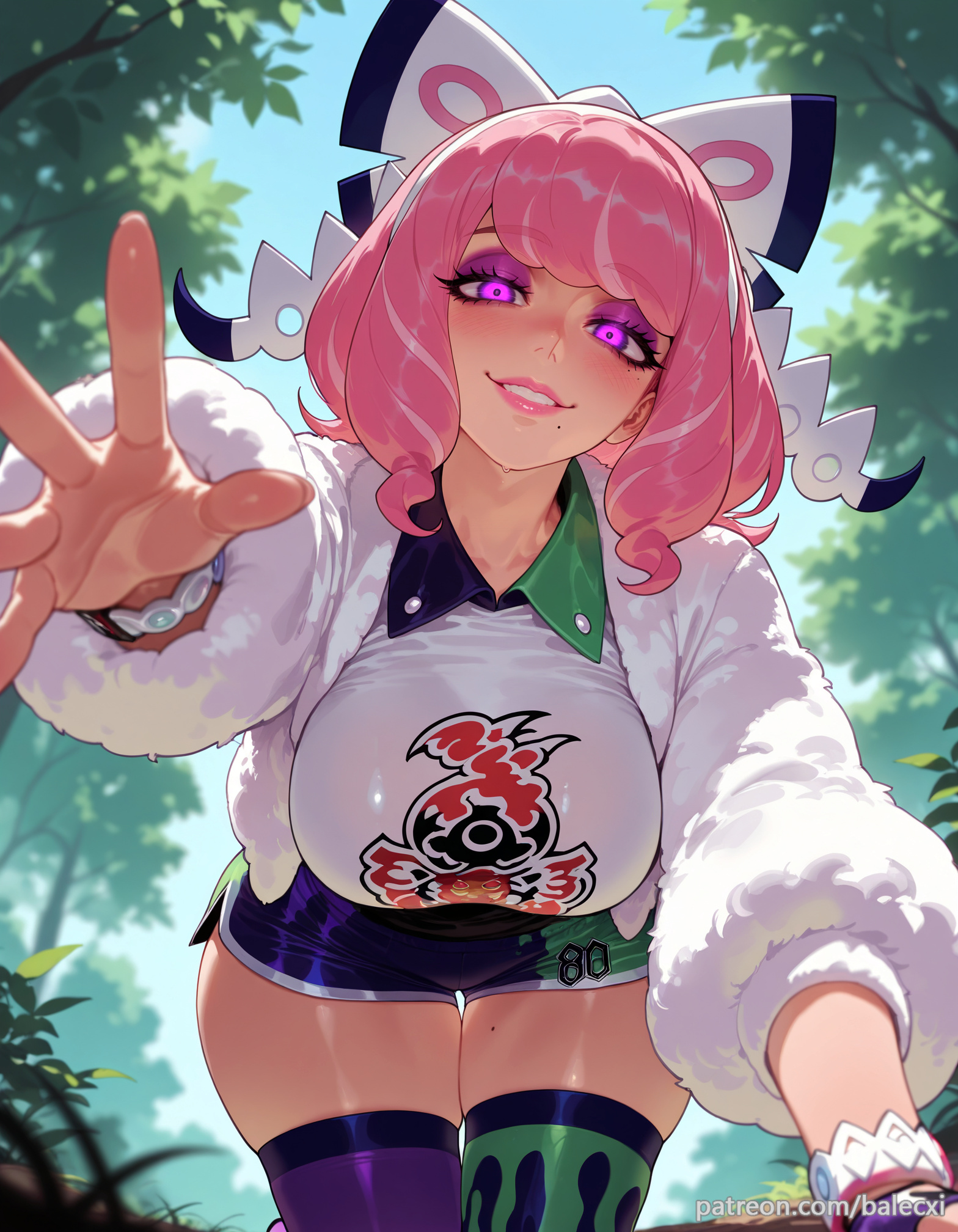 ai generated, asymmetrical legwear, balecxi, breasts, drill hair, female, flipped hair, glowing eyes, hairbow, klara (pokemon), large breasts, looking at viewer, makeup, mole, mole under mouth, outdoors, patreon username, pink eyeshadow, pink hair, pink lips, pokemon, pokemon ss, print shirt, print shorts, print thighhighs, purple eyes, shaded face, short hair, smile, solo, thigh gap, twin drills, web address, white jacket