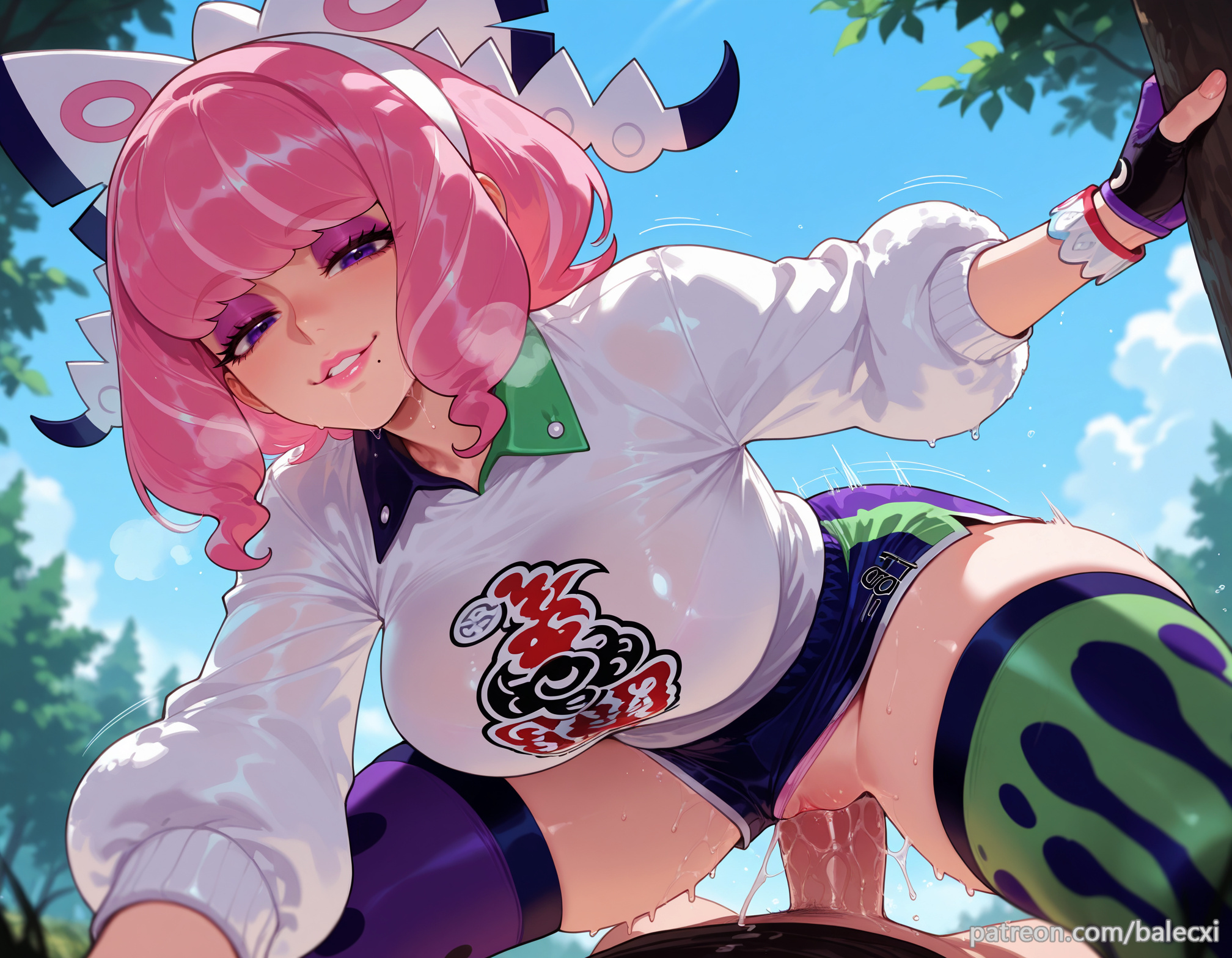 1boy, ai generated, balecxi, breasts, clothed sex, clothing aside, collared shirt, cowgirl position, female, gloves, hairbow, klara (pokemon), large breasts, makeup, male, mole, mole under mouth, outdoors, panties aside, patreon username, penis, pink eyeshadow, pink hair, pink lips, pokemon, pokemon ss, purple eyes, pussy, shorts, solo focus, straddling, straight, thighhighs, thighs, uncensored, underwear, vaginal penetration