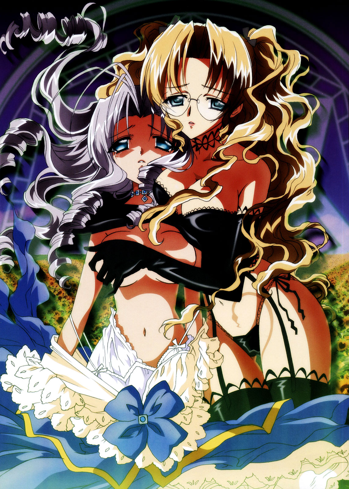 artbook black_panties blonde_hair blue_eyes breast_grab breast_hold breasts carnelian cleavage covering covering_breasts curly_hair dress drill_hair elbow_gloves female flower garter_straps glasses gloves high_res highres jewelry lingerie long_hair magic_circle mariel megane multiple_girls navel necklace nishida_asako oppai panties pigtails ritsuko scan sunflowers tattoo tear thighhighs tied_hair topless twintails underwear undressing wide_hips yami_to_boushi_to_hon_no_tabibito yuri