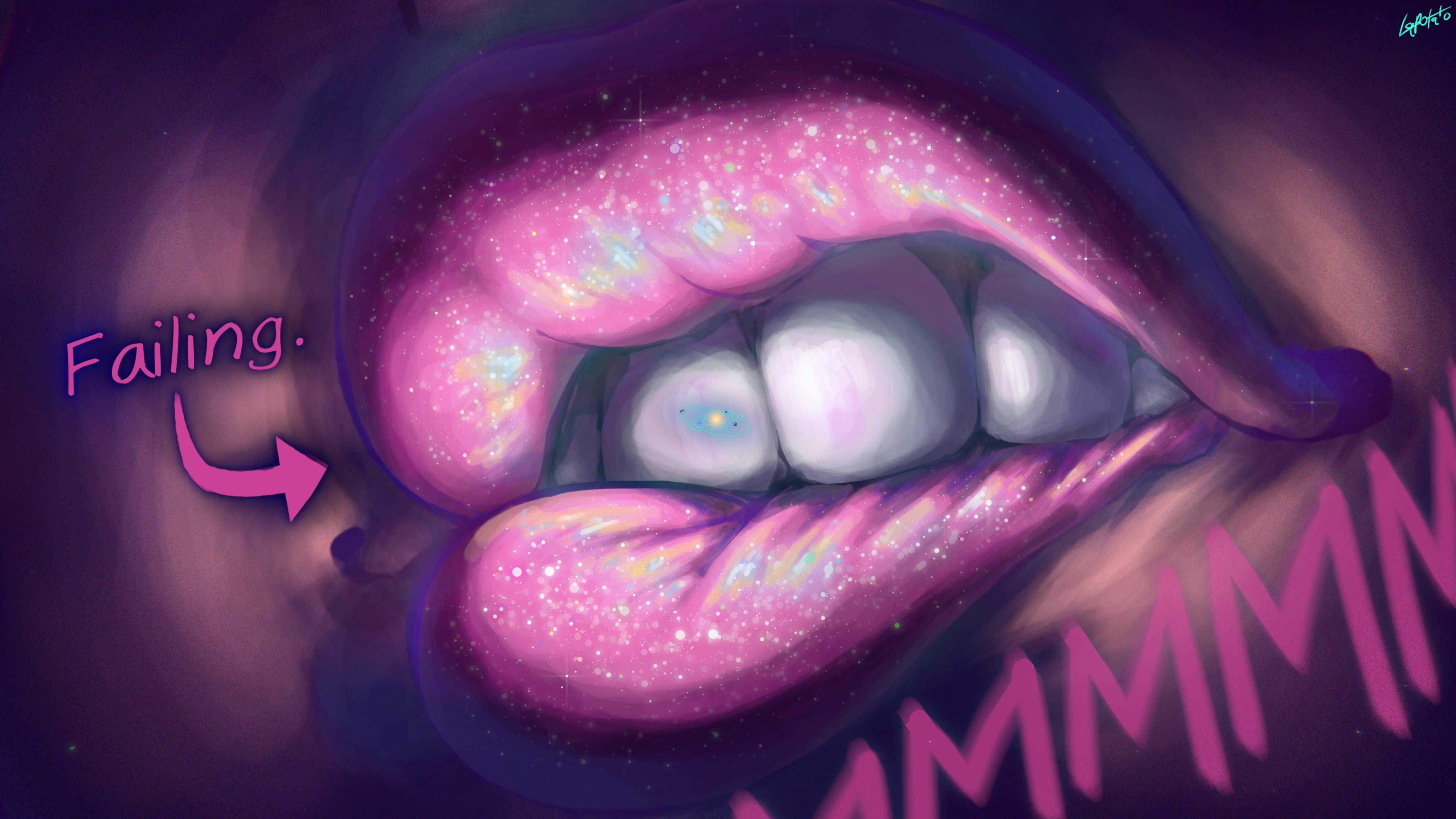 aroused face, biting lip, biting own lip, color, colored, female, giantess, glossy lips, lapotato8, lips, macro, mario (series), plump lips, princess peach, solar system, space, super mario bros., teeth, text