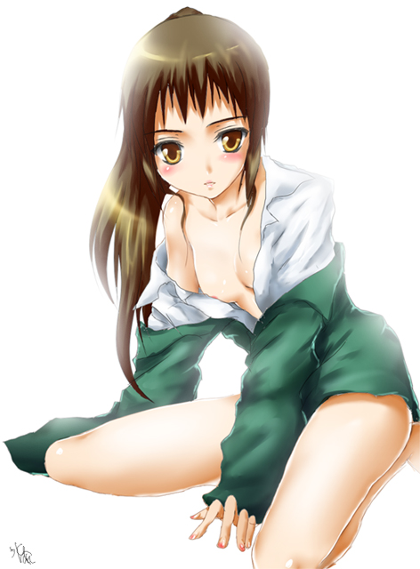 beige_skin blush breasts brown_eyes brown_hair clothes color female female_only hair human kyon kyonko long_hair looking_at_viewer open_clothes open_eyes ponytail rule_63 sen_hisame sitting solo suzumiya_haruhi_no_yuuutsu tied_hair white_background