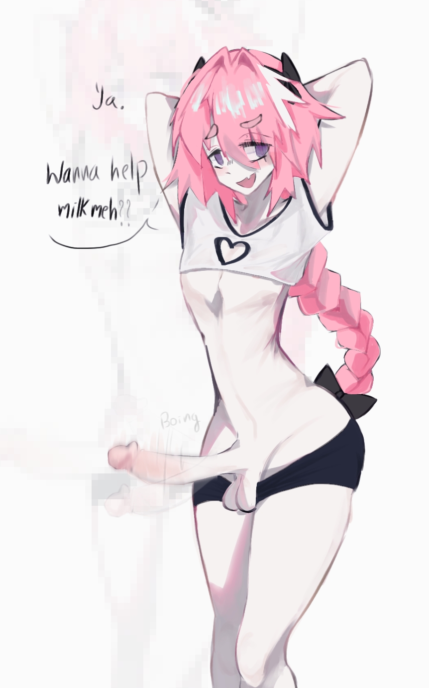 1boy 1femboy arm_up artist_name astolfo_(fate) background big_penis black_ribbon bottomless bouncing_penis braided_ponytail desire fate/apocrypha fate_(series) femboy flirting_with_viewer gym_clothing high_resolution highres light-skinned_male light_skin lust lustful_gaze male mouth_open pink_hair purple_eyes shorts skin_fang small_waist solo solo_focus solo_male spiky_hair streaked_hair swaying tagme thick_eyebrows thick_thighs white_highlights