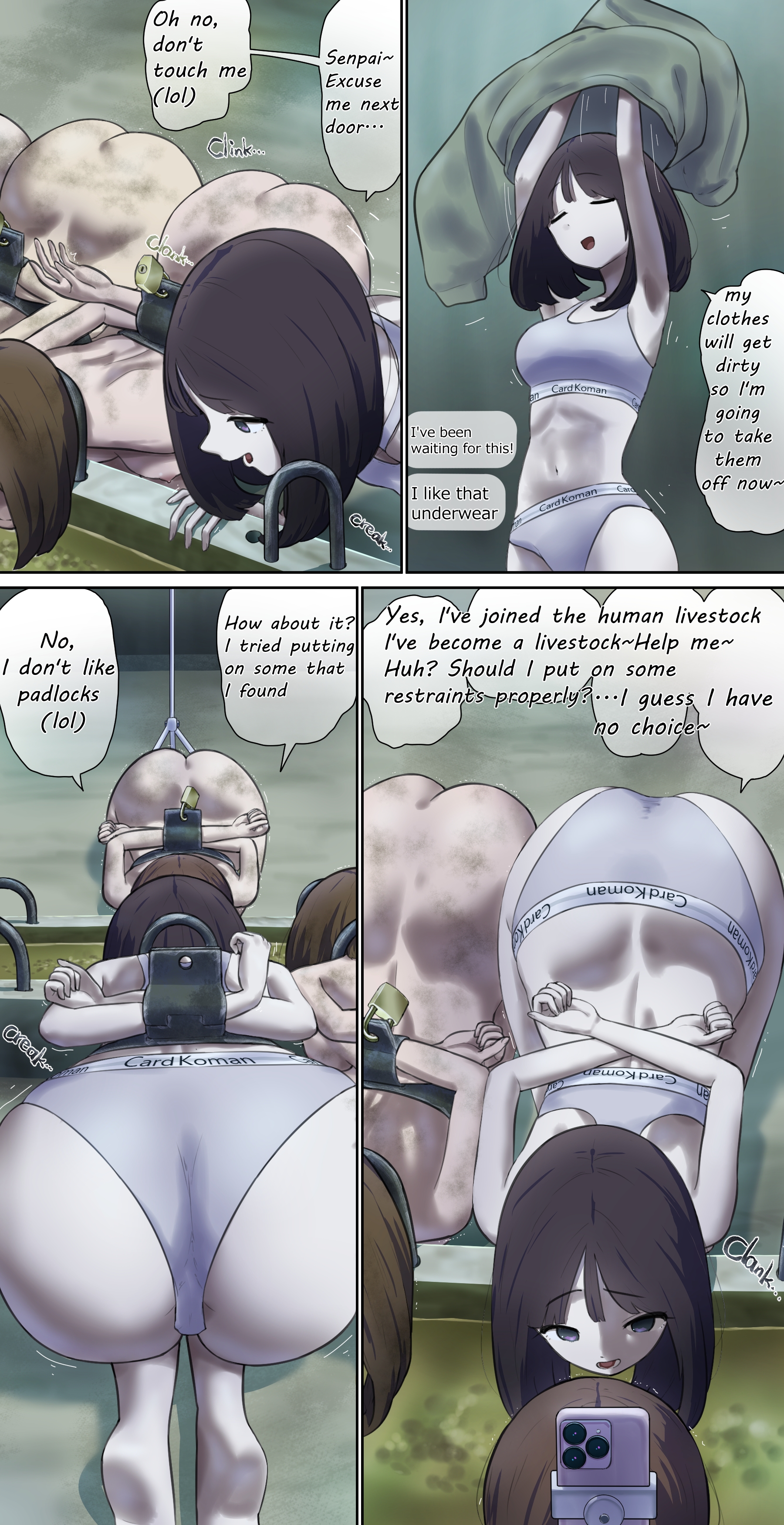 abuse, arms behind back, comic, dehumanization, english, english text, female, female only, femsub, fest (artist), filth, human livestock, pale skin, self bondage, torture, translated, underwear, women livestock