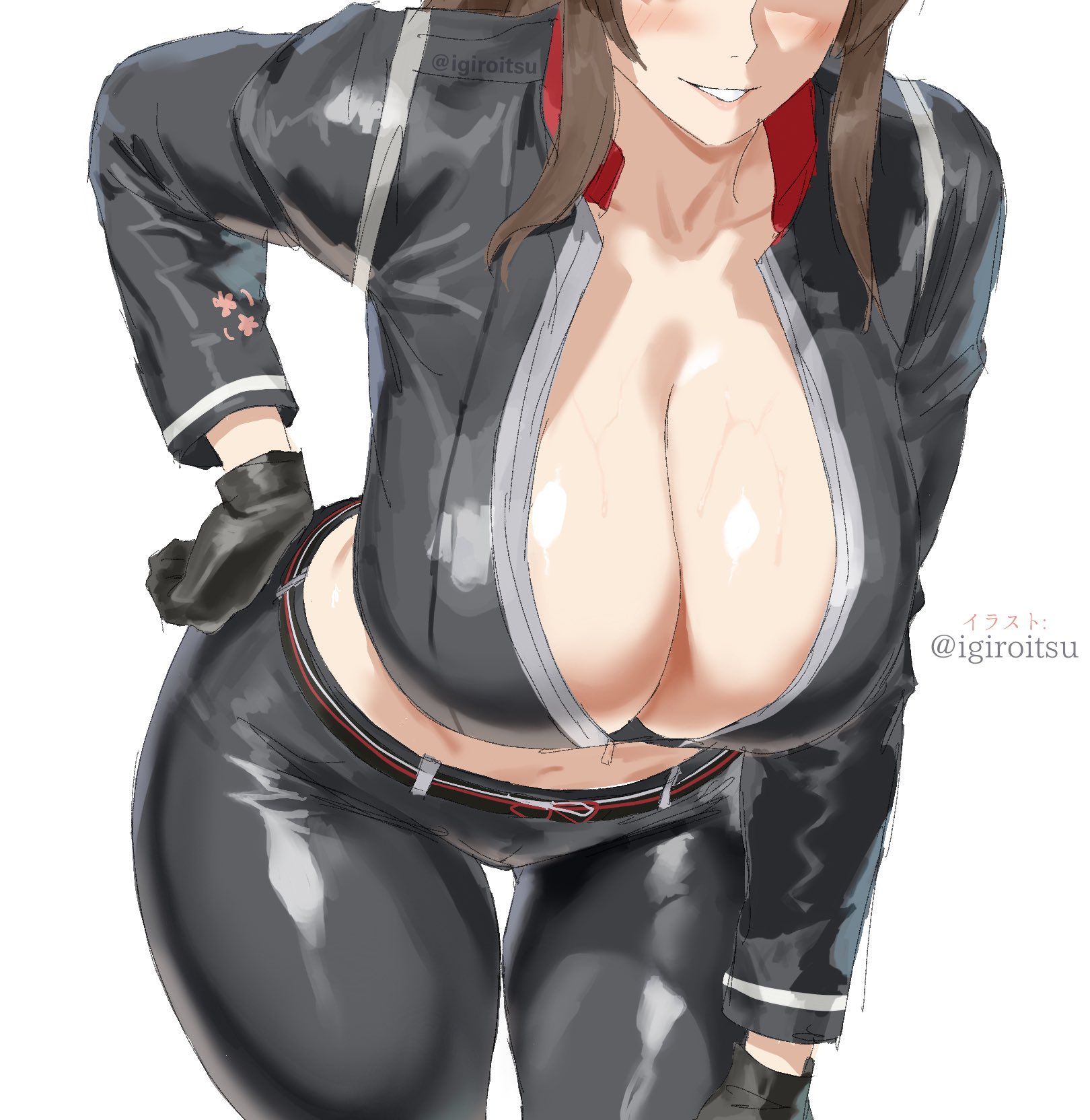 bad tag, belt, black gloves, black jacket, black jumpsuit, black pants, breasts, brown hair, cleavage, commentary, crop top, cropped jacket, crossover, curvy, fatal fury, female, female only, gloves, grin, hand on own hip, head out of frame, high ponytail, highres, huge breasts, igiroitsu, jacket, jumpsuit, king of fighters, leaning forward, leather, leather pants, long hair, mai shiranui, mai shiranui (city of the wolves), midriff, navel, pants, parted lips, partially unzipped, ponytail, sidelocks, smile, solo, thigh gap, tight clothes, tight pants, twitter username, white background