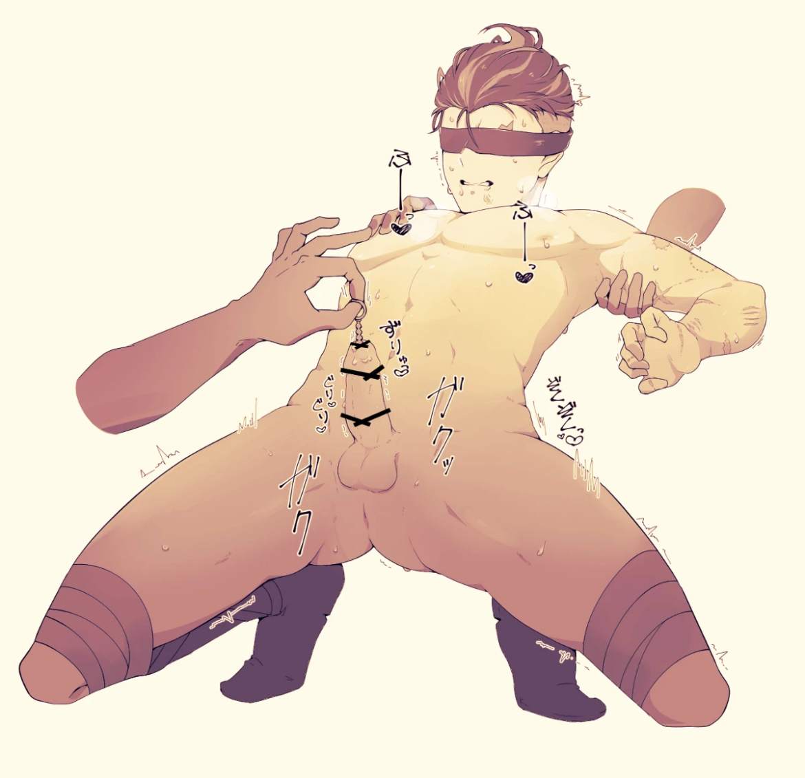 bar censor, blindfold, censor bar, censored, danganronpa, danganronpa 2: goodbye despair, drfav, gay, gay domination, gundham tanaka, holding arm, male, male focus, male only, male/male, nipples, pecs, pectorals, penis, sounding, sounding rod, yaoi
