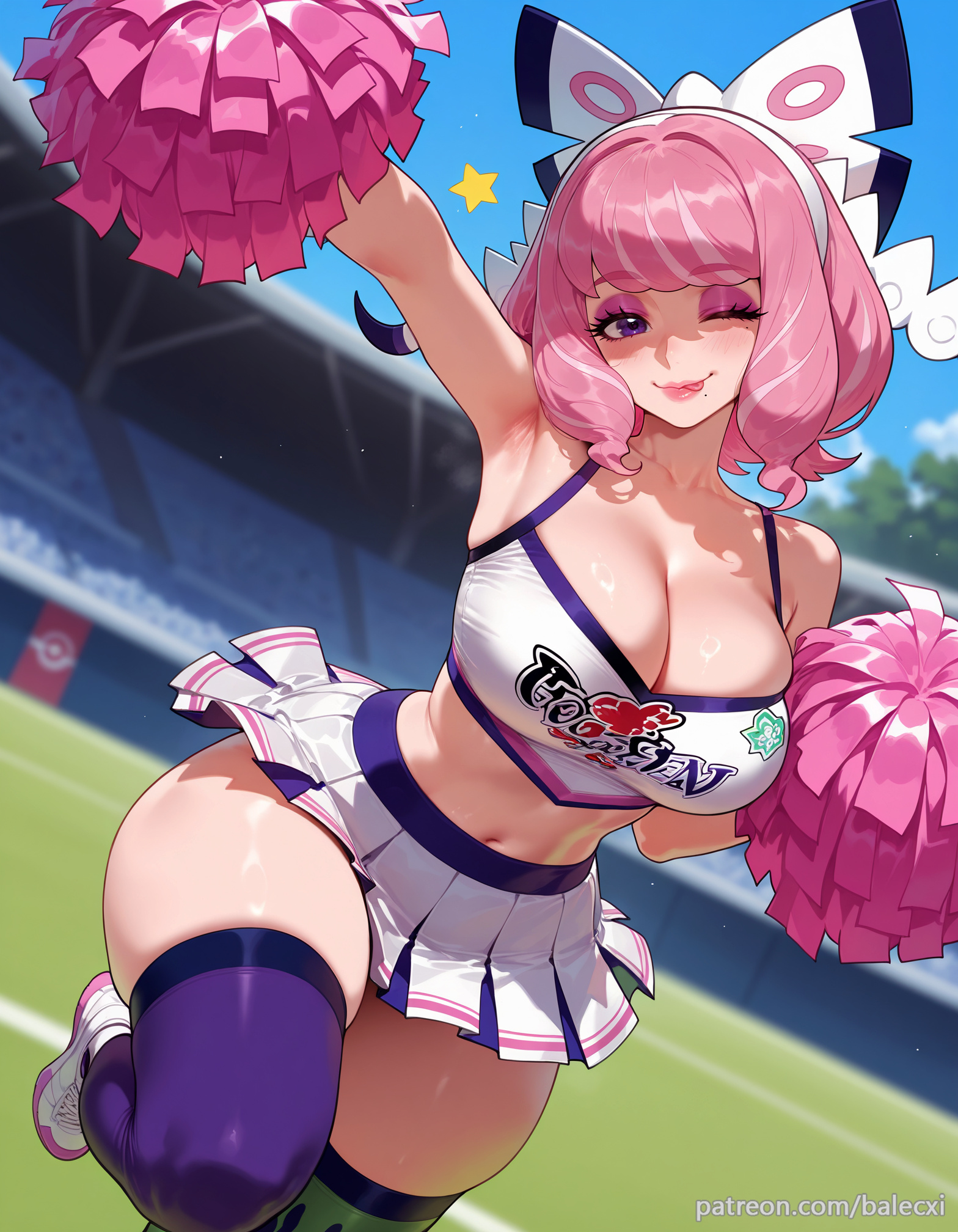 ai generated, arm up, armpits, balecxi, blurry, blurry background, breasts, cheerleader, cleavage, female, holding pom poms, klara (pokemon), large breasts, looking at viewer, makeup, midriff, mole, mole under mouth, navel, one eye closed, patreon username, pink eyeshadow, pink hair, pink lips, pokemon, pokemon ss, pom pom (cheerleading), purple eyes, short hair, smile, solo, thighhighs, thighs, web address, white skirt