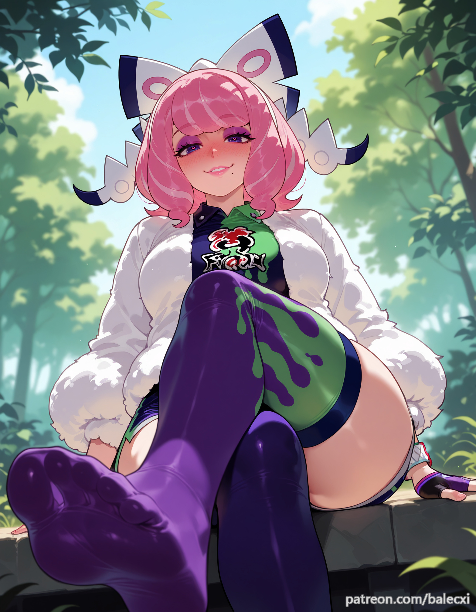 ai generated, asymmetrical legwear, balecxi, breasts, crossed legs, drill hair, feet, female, flipped hair, foot fetish, foot focus, gloves, klara (pokemon), looking at viewer, makeup, mismatched legwear, mole, mole under mouth, no shoes, outdoors, patreon username, pink eyeshadow, pink hair, pokemon, pokemon ss, purple eyes, shaded face, short hair, shorts, sitting, smile, soles, solo, thighhighs, toes, twin drills, white jacket