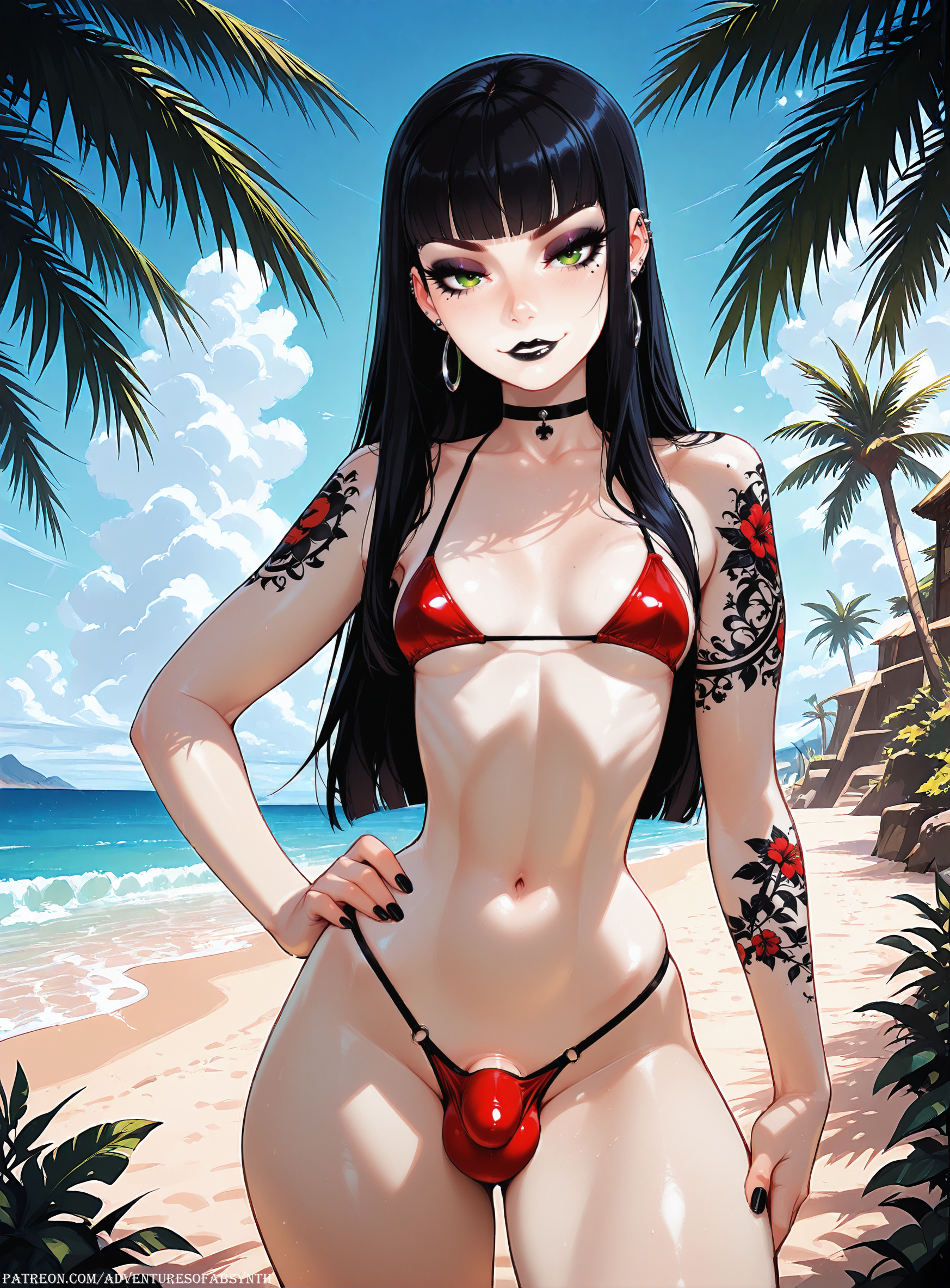1futa, absynth (adventuresofabsynth), adventuresofabsynth, ai generated, bikini, black hair, black lipstick, bulge, ear piercing, earrings, female, futa only, futanari, goth, goth futa, goth girl, green eyes, intersex, light skin, light-skinned female, looking at viewer, pale skin, pale-skinned female, petite, pierced ears, piercings, seductive, seductive look, skinny, slim, solo, solo futa, tattoos