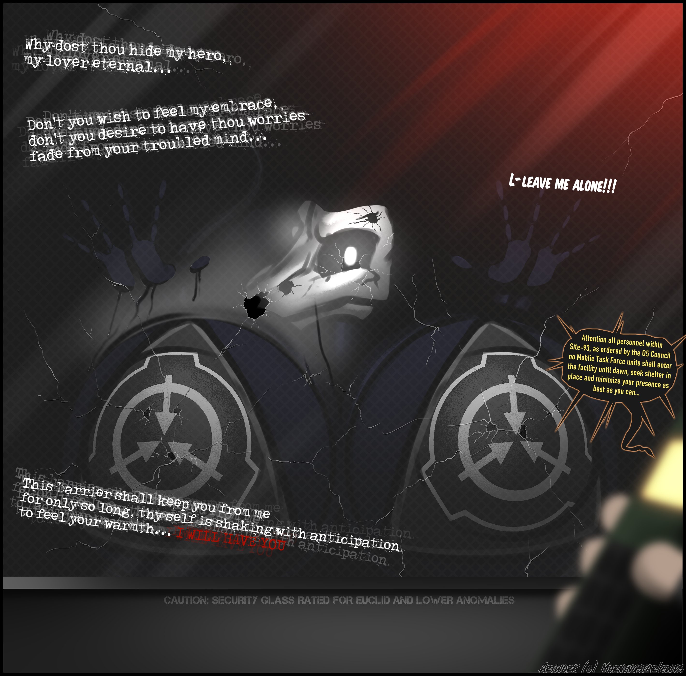 anthro, big breasts, breast press, breasts, dialogue, female, furry, huge breasts, mal0, malo, mobile task force, morningstarlewds, pressed on glass, scp foundation, scp guard, scp-1471, scp-1471-a, tagme