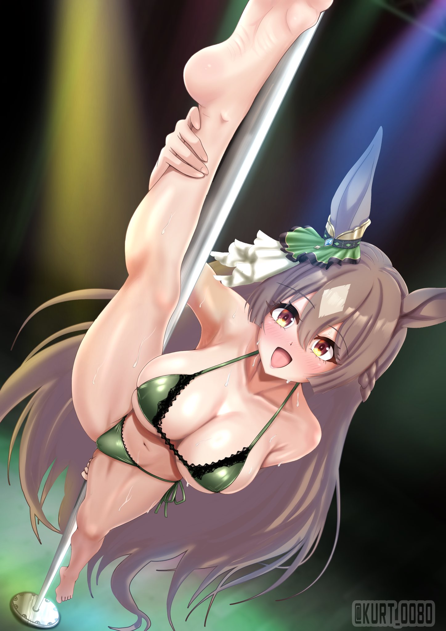 1girls, animal ears, big breasts, cygames, horse ears, horse girl, horse tail, long hair, pole, pole dancer, pole dancing, satono diamond (umamusume), splits, stripper, stripper pole, umamusume, umamusume pretty derby