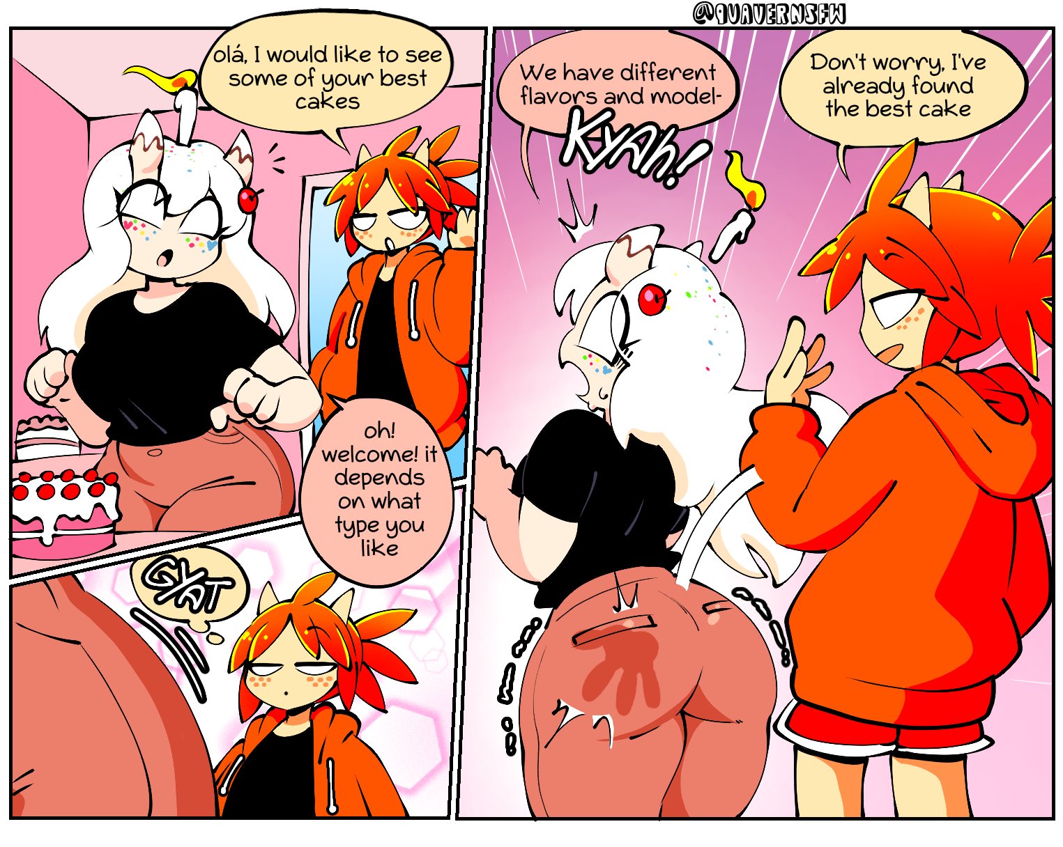 1boy, 1girls, ass, ass slap, big ass, big boobs, big breasts, big butt, big tits, big titties, black shirt, blue heart, blue hearts, breasts, cake, candle on head, cherry on head, colored speech bubble, confetti (quavernsfw), english text, female, lit candle, male, mango quaver (male), maroon clothing, maroon jeans, no pupils, oc, open mouth, orange hair, orange hoodie, orange shorts, orange-haired male, original, pink background, pink ceiling, pink jeans, pink pants, pink room, pink wall, quavernsfw, red heart, red hearts, red jeans, red pants, speech, speech bubble, speech bubbles, sprinkles on head, think bubble, thought bubble, thought bubbles, white hair, white-haired female
