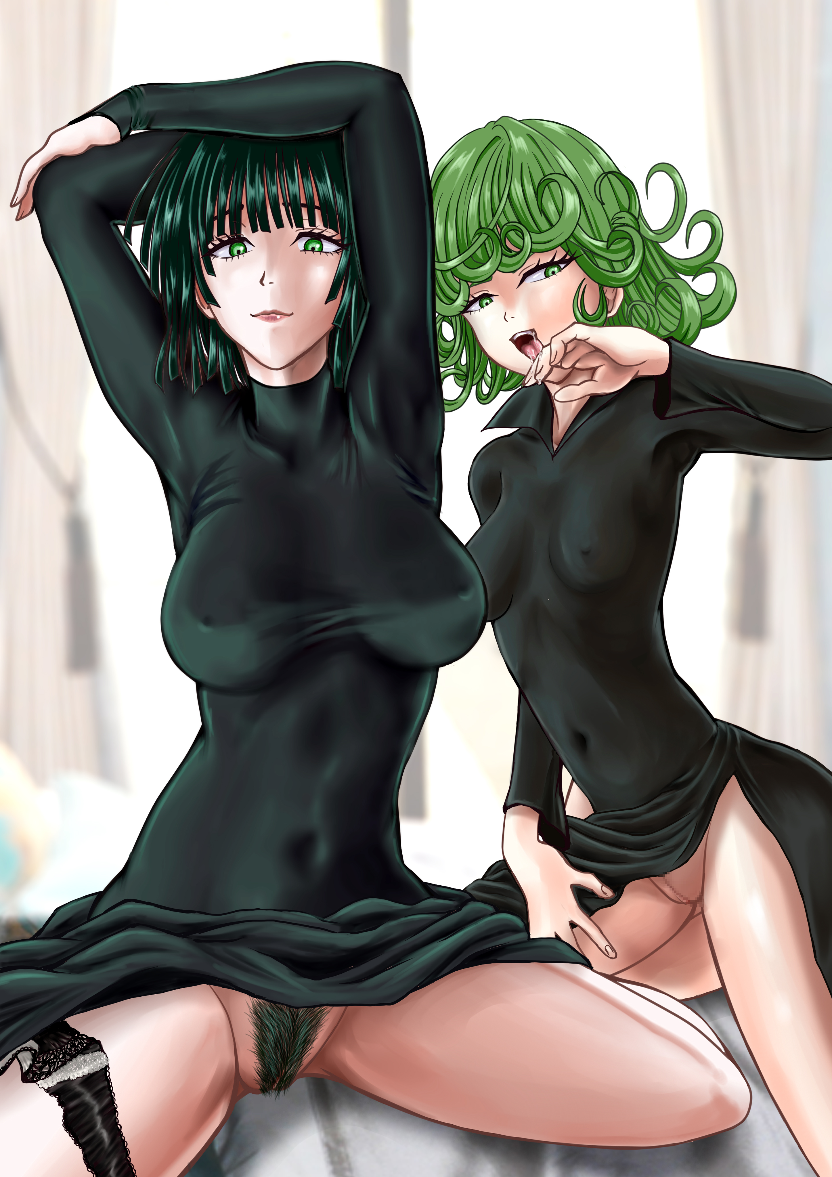 2girls, bottomless, breasts, censored, covered nipples, dress, esper sisters, female, female only, female pubic hair, fubuki (one-punch man), green eyes, green hair, large breasts, looking at viewer, multiple females, multiple girls, one-punch man, open mouth, pubic hair, pussy, saliva, senga, sisters, small breasts, tatsumaki