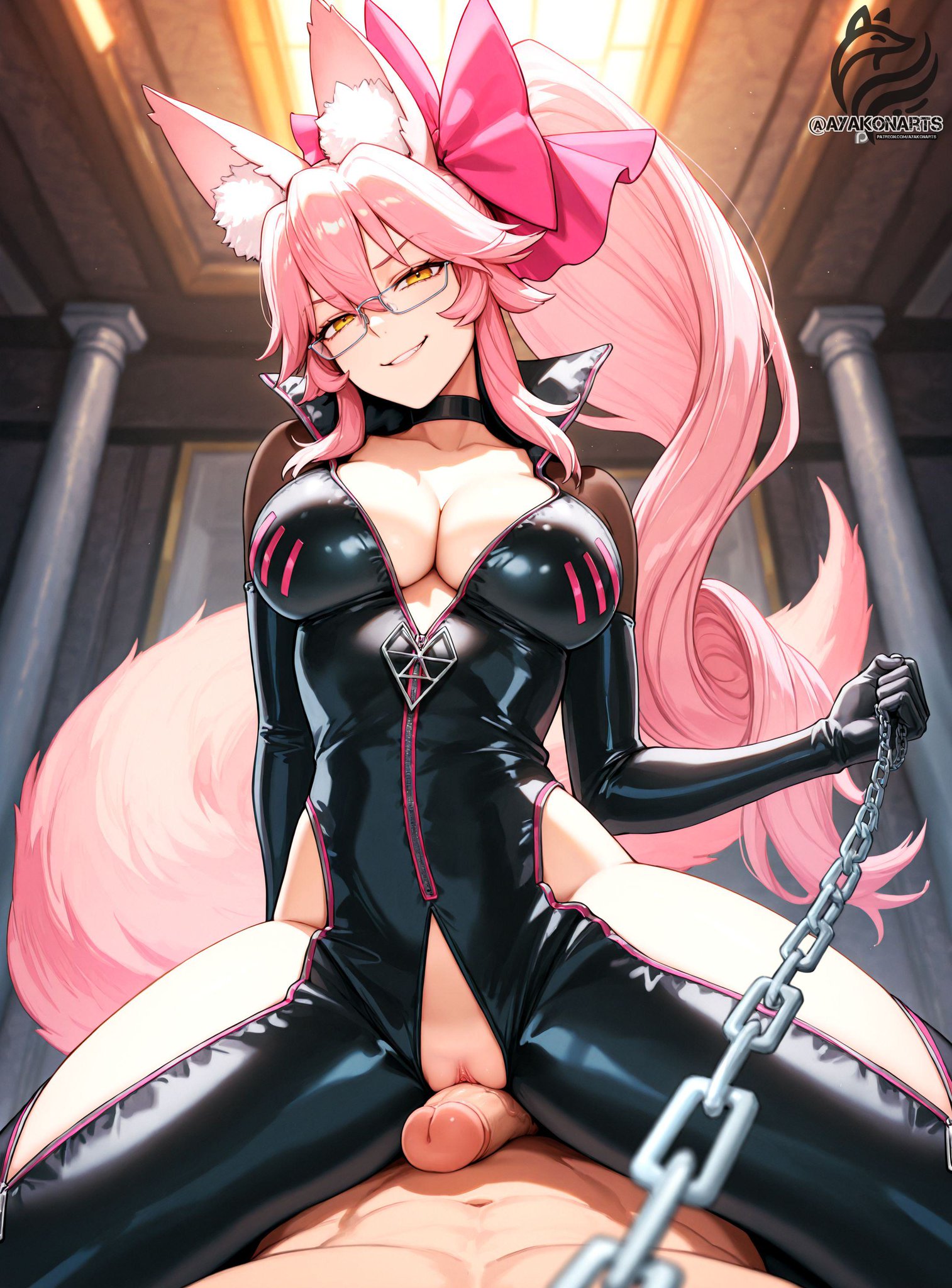 ai generated, ayakonarts, fate (series), fate/grand order, female, fox ears, fox girl, fox tail, koyanskaya (assassin), koyanskaya (fate), leash, pink hair, tail, viewer on leash