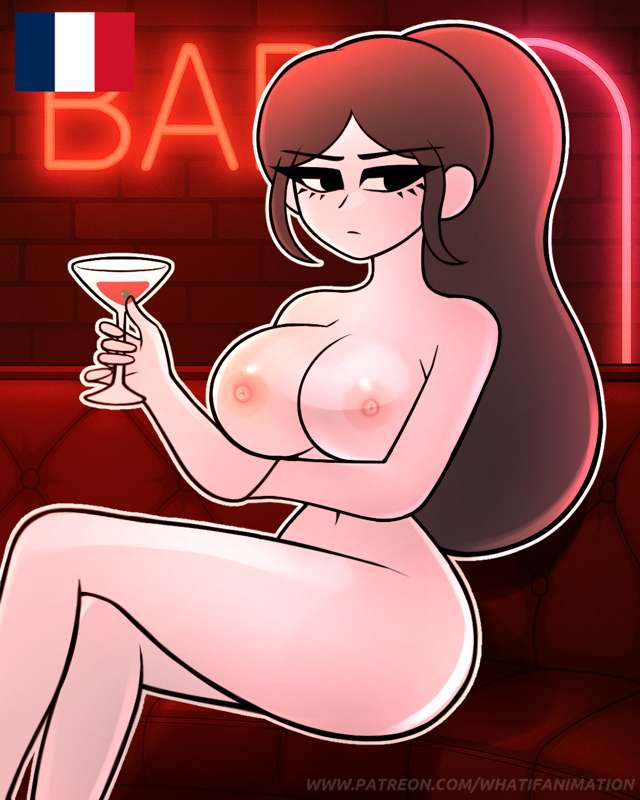 bar, big breasts, breasts, drink, female, france (what if animation), french female, french flag, national personification, nipples, noir (what if animation), original, patreon, patreon link, patreon url, what if animation (artist)