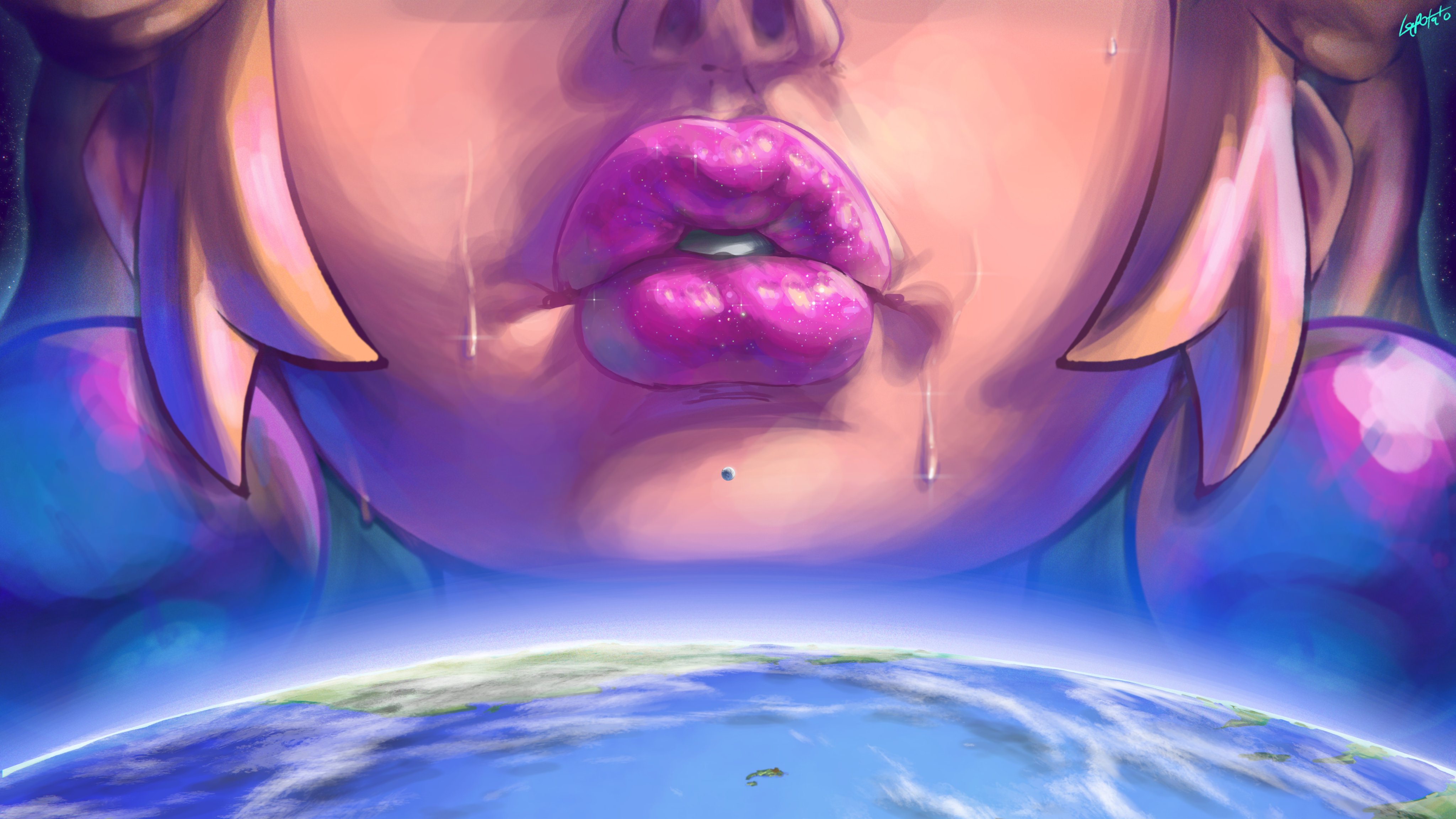 color, colored, earth, female, giantess, glossy lips, lapotato8, lips, macro, mario (series), planet, planetary macro, plump lips, princess peach, space, super mario bros., sweat, sweatdrop, sweating