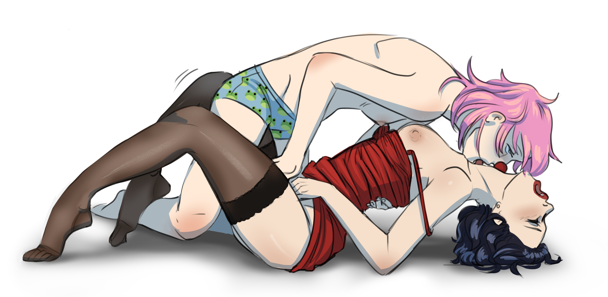 2d, 2girls, black hair, clothed, clothed sex, color, dress, female, female only, frog panties, functionally nude female, gummyfishowo, human, lesbian, lesbian sex, licking neck, light skin, light-skinned female, masturbation, neck, olivia (stardew valley), pink hair, red lipstick, rubbing pussy, self upload, sophia (stardew valley), stardew valley, stardew valley expanded, stockings, topless, topless female, white background, yuri