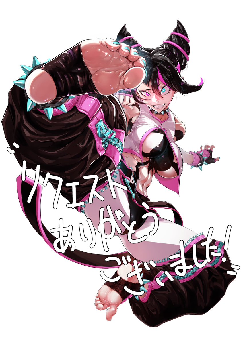 1girls, barefoot, big breasts, breasts, busty, capcom, clothed, crazy eyes, different eye color, feet, feet focus, female, foot fetish, foot focus, juri han, large breasts, light skin, light-skinned female, punk girl, punk hair, revealing clothes, soles, street fighter, street fighter 6, toes, yokonohou