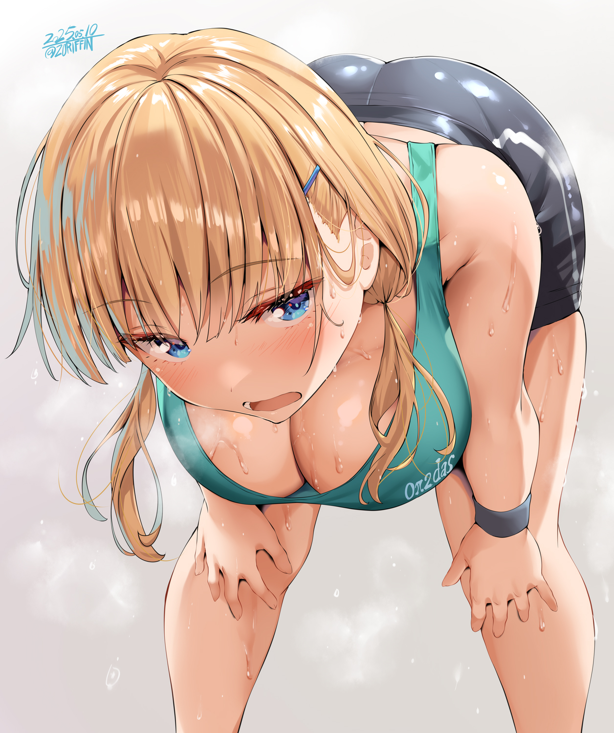1girls, artist name, ass, belko, bent over, bike shorts, black shorts, blonde hair, blonde nurse-san, blue eyes, blush, breasts, cleavage, dated, disinterested, female, female only, green sports bra, hair ornament, hairclip, hi res, highres, indifference, indifferent, large breasts, looking at viewer, medium hair, oblivious, open mouth, original, shorts, solo, sports bra, sports shorts, sportswear, sweat, sweatdrop, thighs, tomboy, twitter username, unamused, unbothered, uncaring, unenthusiastic