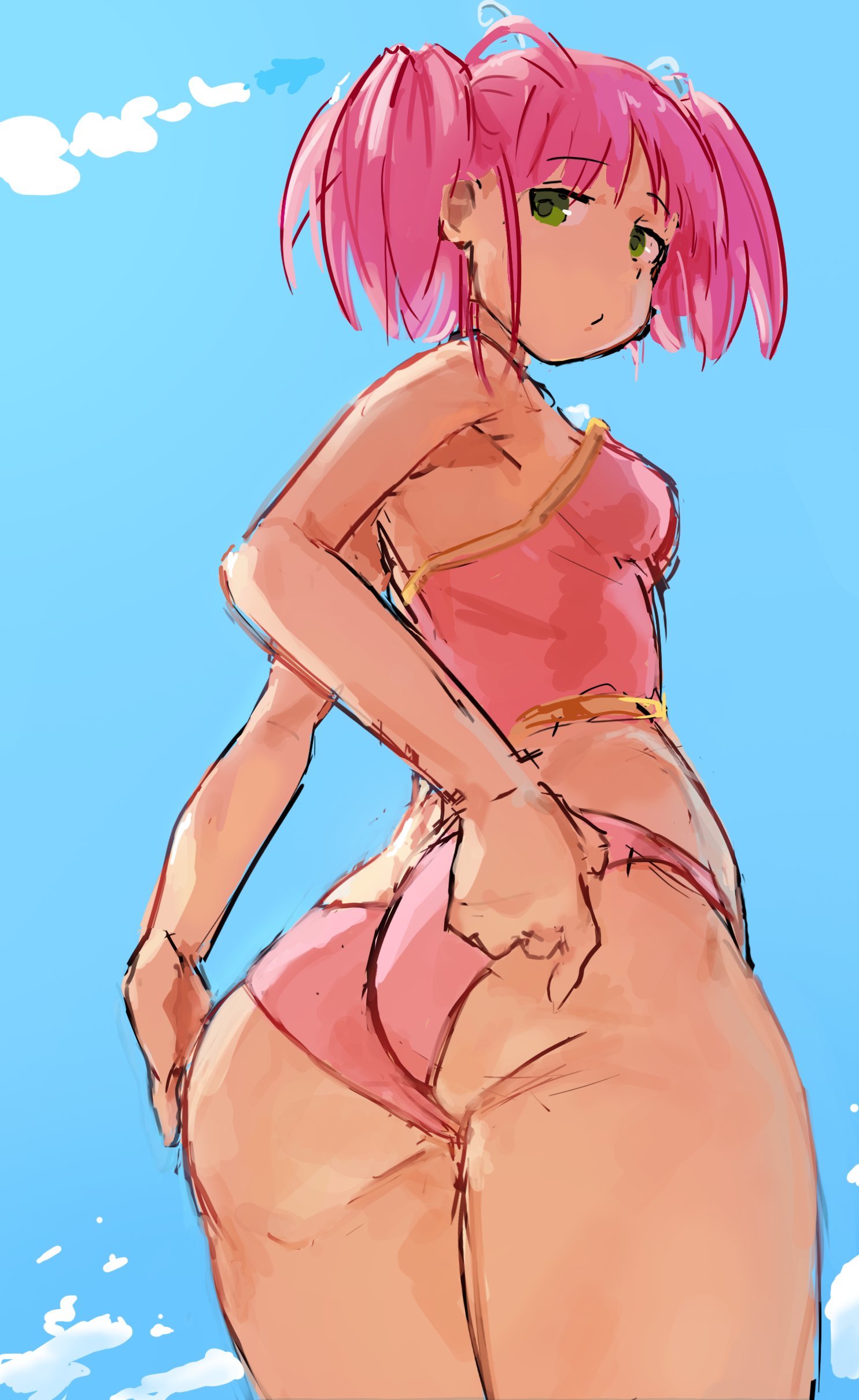 1girls, ass, ass focus, breasts, cloud, female, female only, green eyes, hunie (series), huniepop, kyu sugardust, large ass, liamickpie, looking at viewer, looking back, pink hair, presenting, presenting ass, pulling panties, sky, small breasts, swimsuit, twintails
