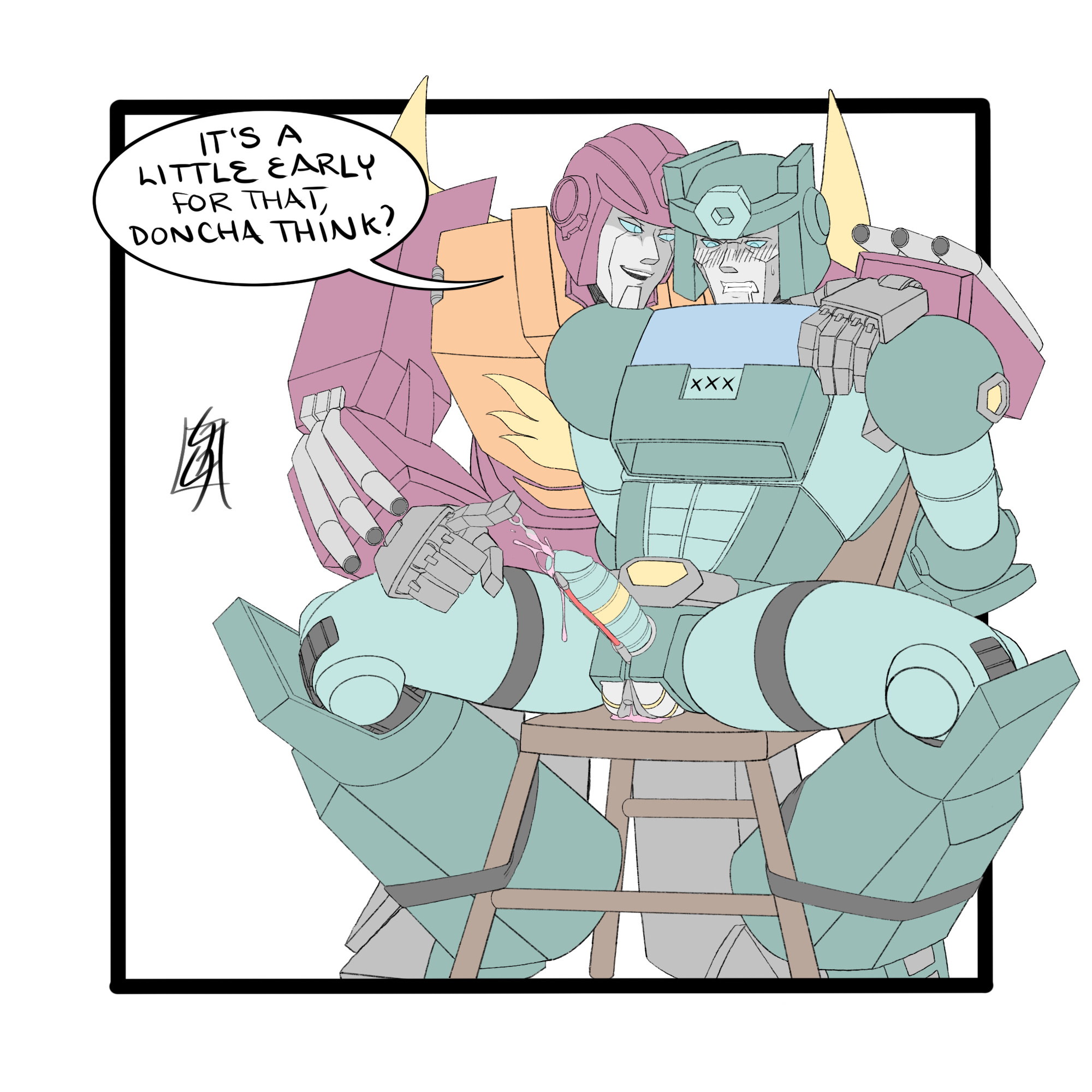 2boys, alien, alien humanoid, blue eyes, blush lines, chair, cuntboy, cuntboy sans balls, dialogue, dominant, dominant male, erect penis, herm, hermaphrodite, intersex, kup (transformers), looking down, male, maleherm, multi genitalia, nuefass, penis, premature ejaculation, premature orgasm, pussy, restrained arms, restrained legs, restrained wrists, robot, robot alien, robot humanoid, rodimus prime, simple coloring, simple shading, sounding, sounding rod, straps, thigh strap, transformers, transformers g1, yaoi