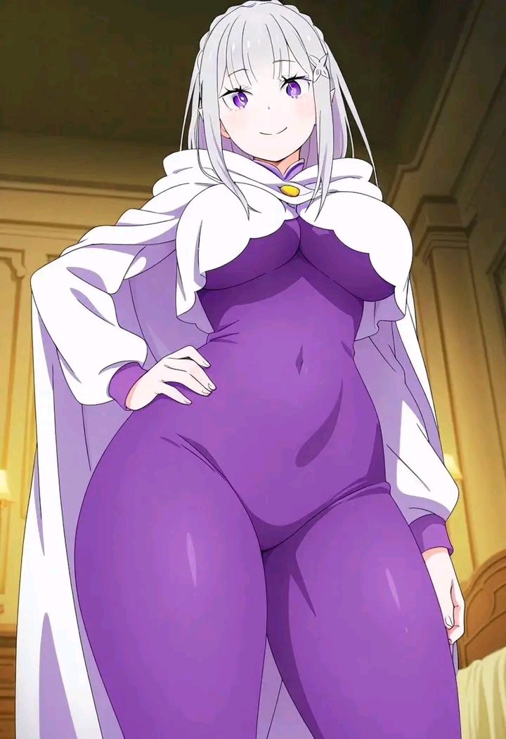 1girls, ai generated, emilia (re:zero), female, looking at viewer, purple eyes, re:zero kara hajimeru isekai seikatsu, tight clothing, unknown artist, white hair