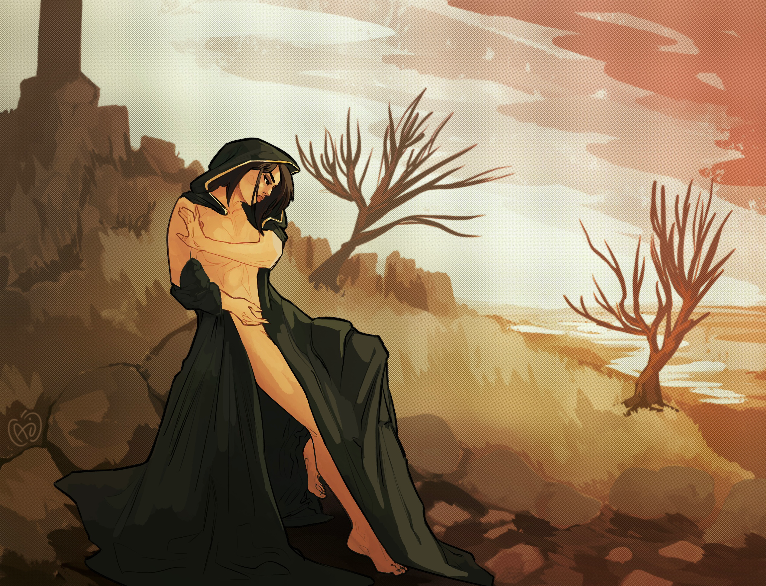 1girls, applesauce jack, breasts, brown hair, cloak, covering breasts, dark souls, dark souls 2, emerald herald, feet, female, hood, mostly nude, outdoors, partially clothed, shanalotte (dark souls), solo