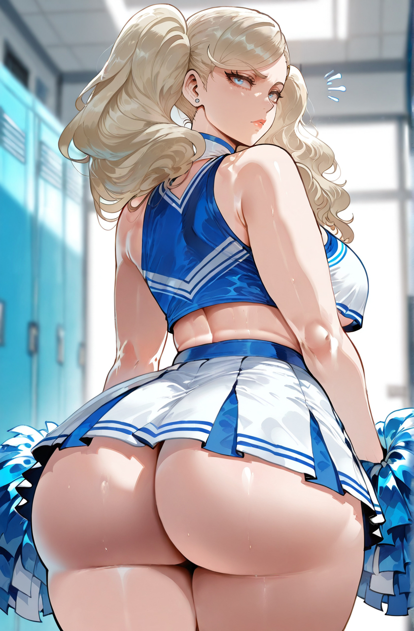 1girls, ai generated, ann takamaki, ass, ass focus, back, bangs, bare arms, bare shoulders, big breasts, blonde hair, blue eyes, blush, breasts, cheerleader, closed mouth, clothing, crop top, crop top overhang, curvaceous, curvaceous female, curvaceous figure, curvy, curvy figure, earrings, exhibitionism, female, female focus, female only, from behind, holding, holding pom poms, huge ass, indoors, inviting, inviting to sex, jewelry, large breasts, light-skinned female, lips, locker, locker room, long hair, looking at viewer, looking back, miniskirt, miyuai, persona, persona 5, pleated skirt, pom pom (cheerleading), presenting, presenting ass, presenting hindquarters, presenting self, seductive, seductive look, seductive smile, skirt, sleeveless, solo, sweat, thick thighs, thighs, twintails, underboob, underbutt, voluptuous, voluptuous female, white skirt