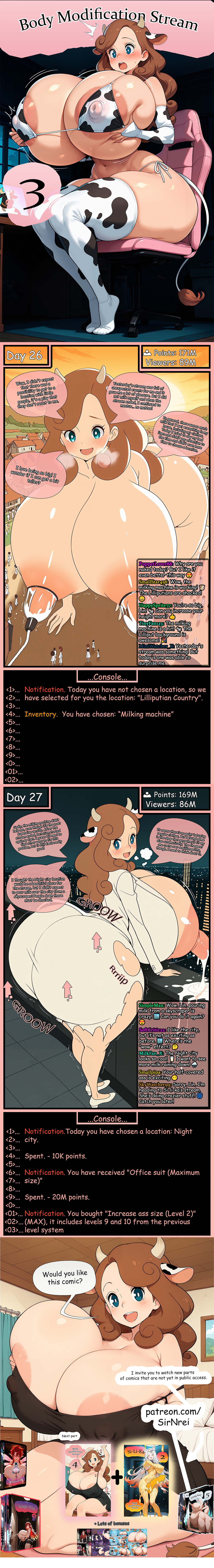 ai generated, artist sirnrei, ass, ass bigger than head, ass expansion, big ass, big nipples, blush, body growth, body growth (enlargement), body transformation, breast expansion, breast growth, breast growth (enlargement), breast outside, breasts, breasts bigger than body, breasts bigger than head, comic, cow girl, cow print, erect nipples, expansion, farm, female, female only, figure transformation, giant breasts, giantess, gigantic ass, gigantic breasts, gigantic nipples, gts, headband, heavy breasts, hourglass figure, huge ass, huge breasts, hyper ass, hyper breasts, hyper nipples, lactating through clothing, lactation, lactation through clothes, large areolae, large breasts, large female, large nipples, lin, lin (character), long nipples, mega lactation, metal collar, milking, milking breasts, milking machine, mini giantess, multiple females, multiple girls, nipple bulge, nipple expansion, nipple growth, nipple growth (enlargement), nipple play, nipples, nipples visible through clothing, no bra, nude, originalcharacter, ripped clothing, sirnrei, squeezing breast, streaming, thigh expansion, transformation