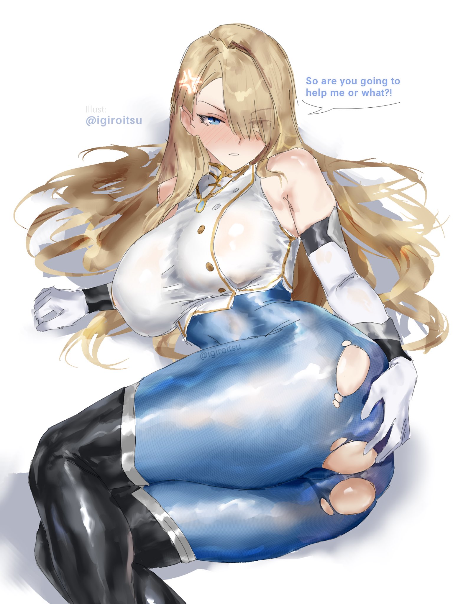 artist name, ass, black thighhighs, blonde hair, blue eyes, blush, bodystocking, breasts, brown dust (series), brown dust 2, elbow gloves, female, female only, from side, gloves, hair over one eye, hand on own ass, highres, huge breasts, igiroitsu, impossible clothes, jewelry, long hair, lying, on side, simple background, skin tight, solo, thighhighs, torn clothes, very long hair, weapon, white background, white gloves, wilhelmina (brown dust)