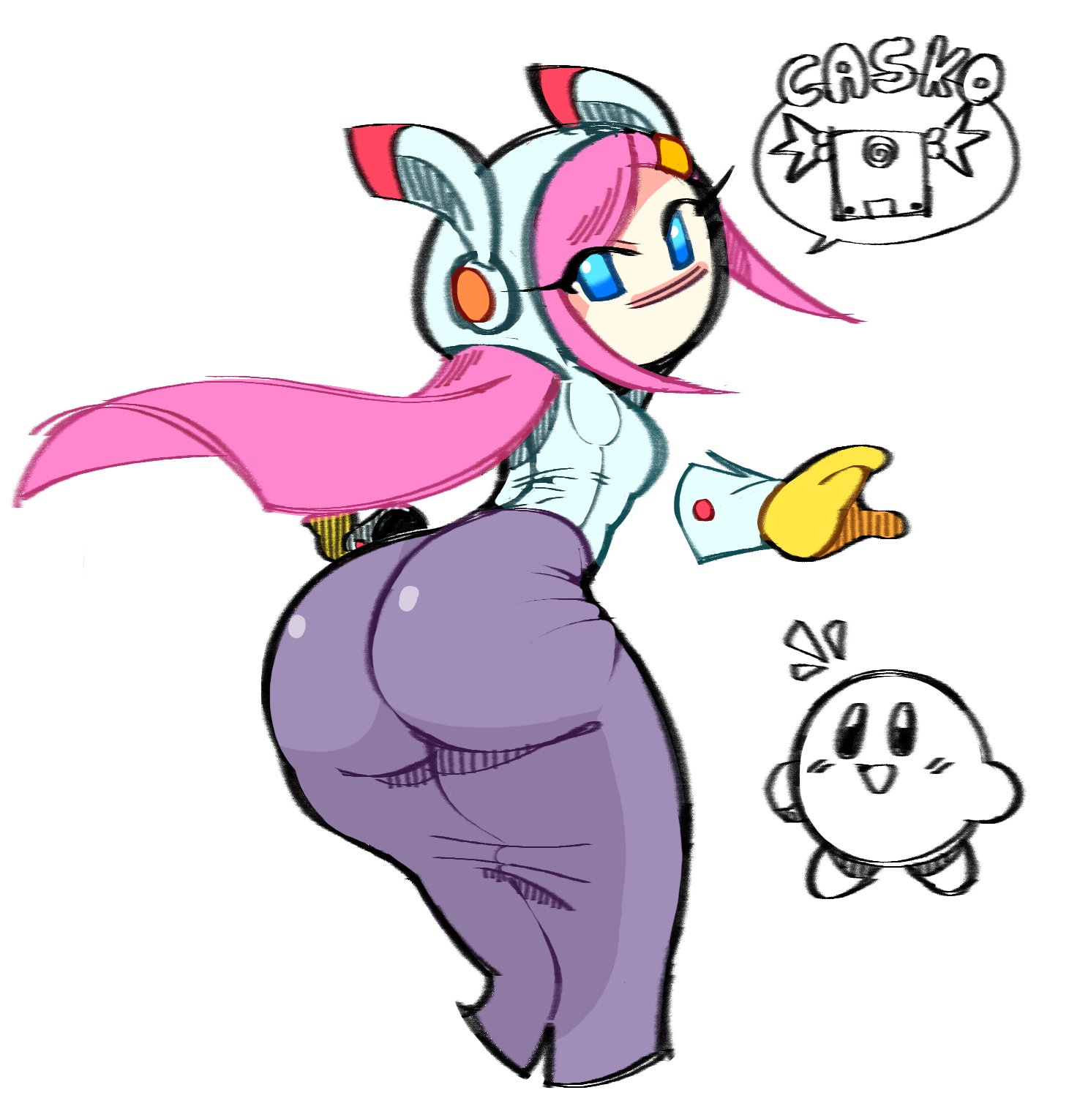 1girls, 2d, 2d (artwork), 2d artwork, alien, alien girl, alien humanoid, alien only, armless, ass, ass bigger than head, ass focus, ass in dress, big ass, big butt, big thighs, blue eyes, breasts, bright, bright colors, bright eyes, bright hair, bright pupils, butt focus, curvy, curvy body, curvy female, curvy figure, curvy hips, curvy thighs, cute, dream casko, dress, fat ass, fat butt, female, female focus, formal, formal attire, formal clothes, formal clothing, formal dress, formal wear, hair accessory, hot, kirby, kirby (series), kirby planet robobot, large ass, large butt, large thighs, larger female, light blue eyes, light skin, light-skinned female, looking at viewer, looking back, looking back at viewer, mature, mature body, mature female, mature figure, mature woman, mouthless, pink hair, secretary, secretary outfit, simple background, small breasts, small waist, susanna patrya haltmann, susie (kirby), white background, yellow gloves