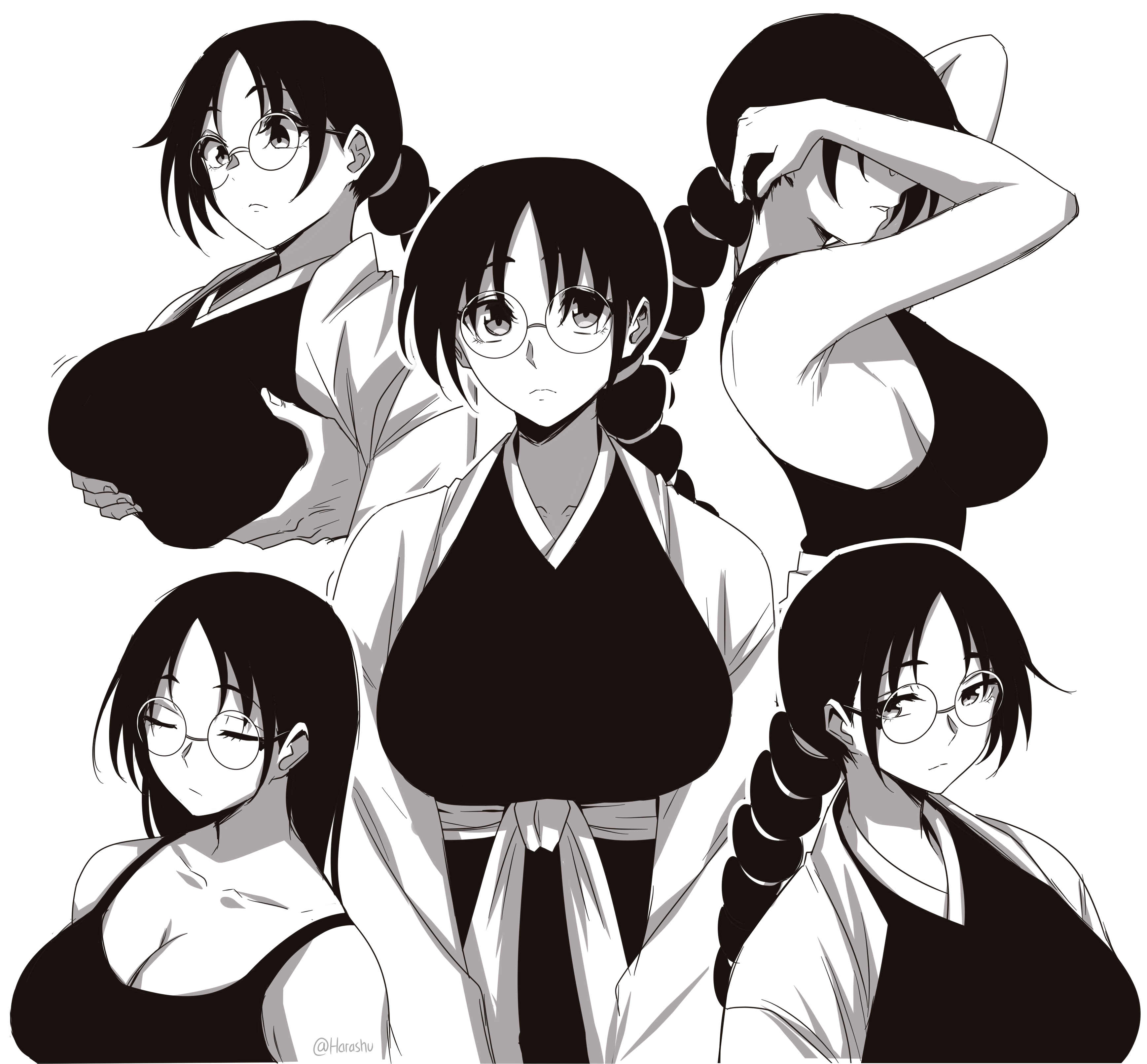 1girls, absurdres, bleach, braid, breast lift, breasts, cleavage, closed eyes, fat breasts, female, female only, glasses, grabbing from behind, grabbing own breast, greyscale, half-closed eyes, harashu (harashu96), highres, huge breasts, katori batsu'unsai, katori batsuunsai, long hair, low ponytail, monochrome, multiple views, ponytail, round eyewear