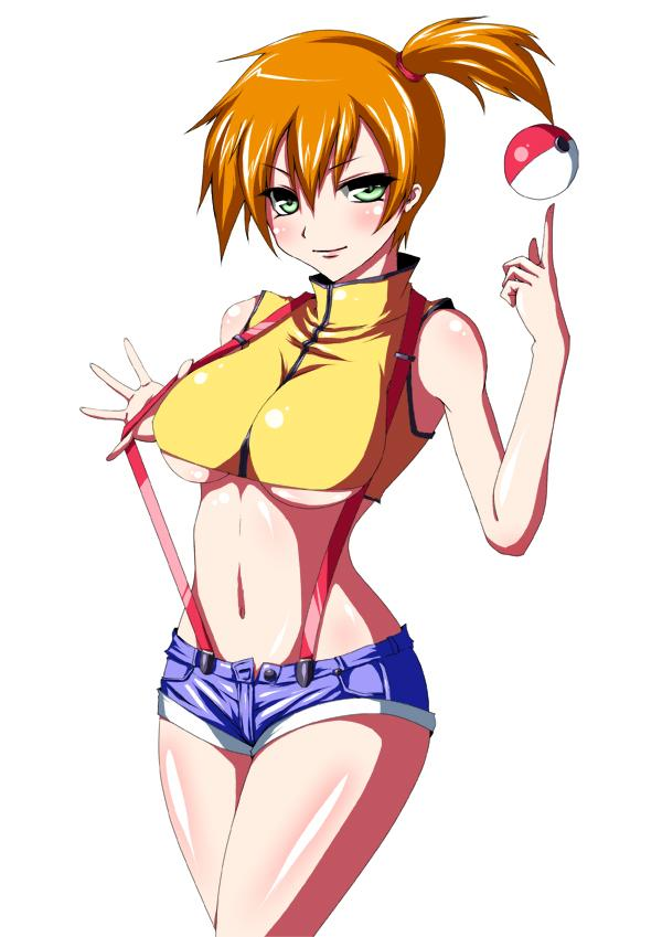 1girls, aged up, female, female only, human, human only, iwamoto eiri, kasumi (pokemon), navel, pokemon, red hair, shorts, solo