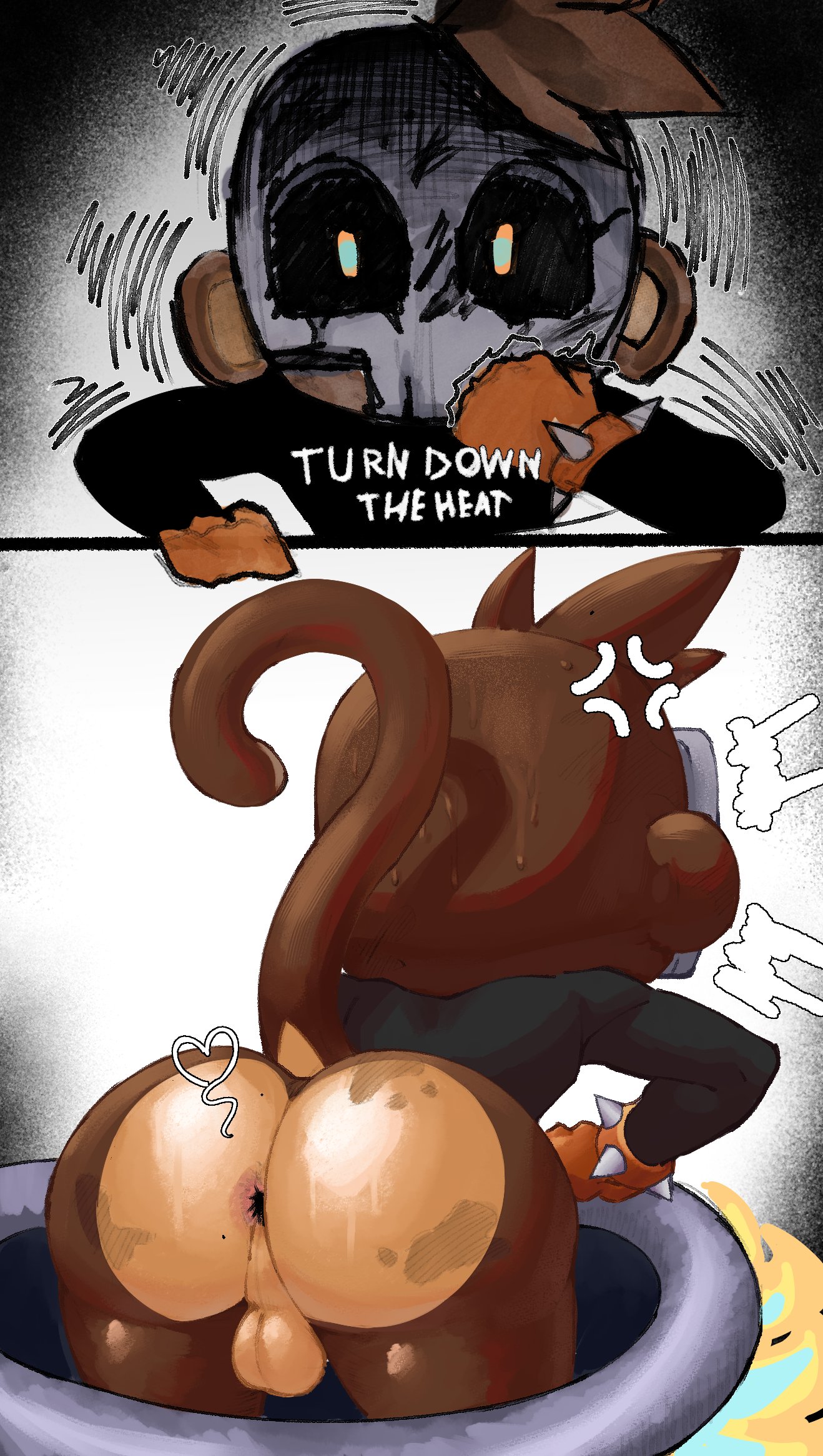 1boy, 2025, alternate version available, angry, anthro, anthro only, anus, ass, ass exposed, balls, bloons, bloons tower defense, boy, brown fur, curled tail, ear, exposed ass, femboy, frustrated, fur, gloves, haplorhine, long sleeve shirt, long sleeves, male, male only, mask, monkey, monkey boy, monkey ears, monkey tail, monkiebrained, pants, primate, punishedtooner, rear view, ripped clothing, ripped leggings, ripped pants, skull mask, solo, solo male, spiked bracelet, spiked gloves, sweat, sweaty, sweaty body, sweaty head, tack shooter monkey, twink