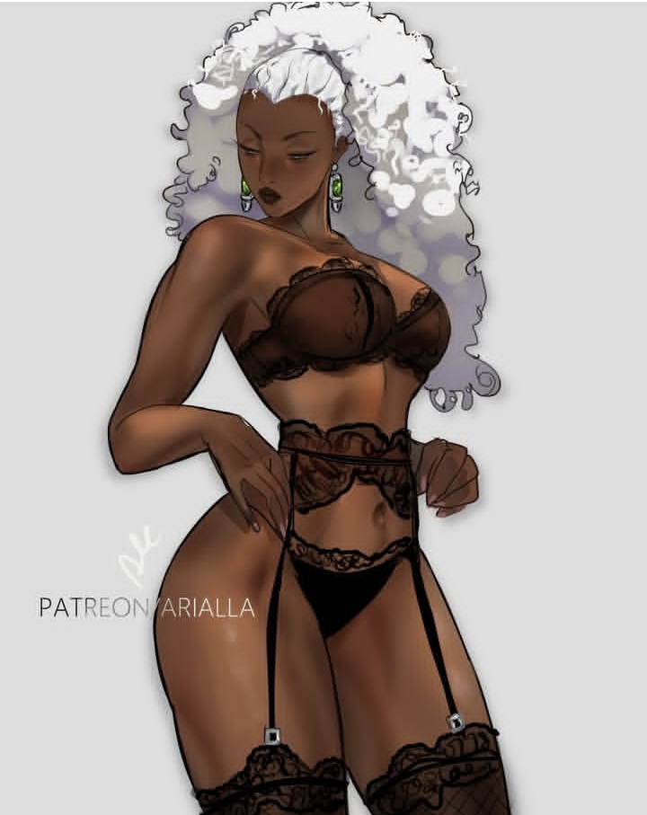 1girls, 2025, 2d, 5 fingers, african, african female, arialla draws, big hair, black lingerie, clothed, clothed female, curly hair, curvy, dark skin, dark-skinned female, earrings, fanart, female, female only, full body, garter belt, garter straps, heroine, hourglass figure, instagram link, jewelry, lace trim, lingerie, marvel, marvel comics, mutant, mutant (marvel), no ai, official alternate costume, ororo munroe, ororo spoilers, patreon, patreon username, pink nails, solo, storm, storm (x-men), strapless, strapless bra, superheroine, white background, white hair, x-men