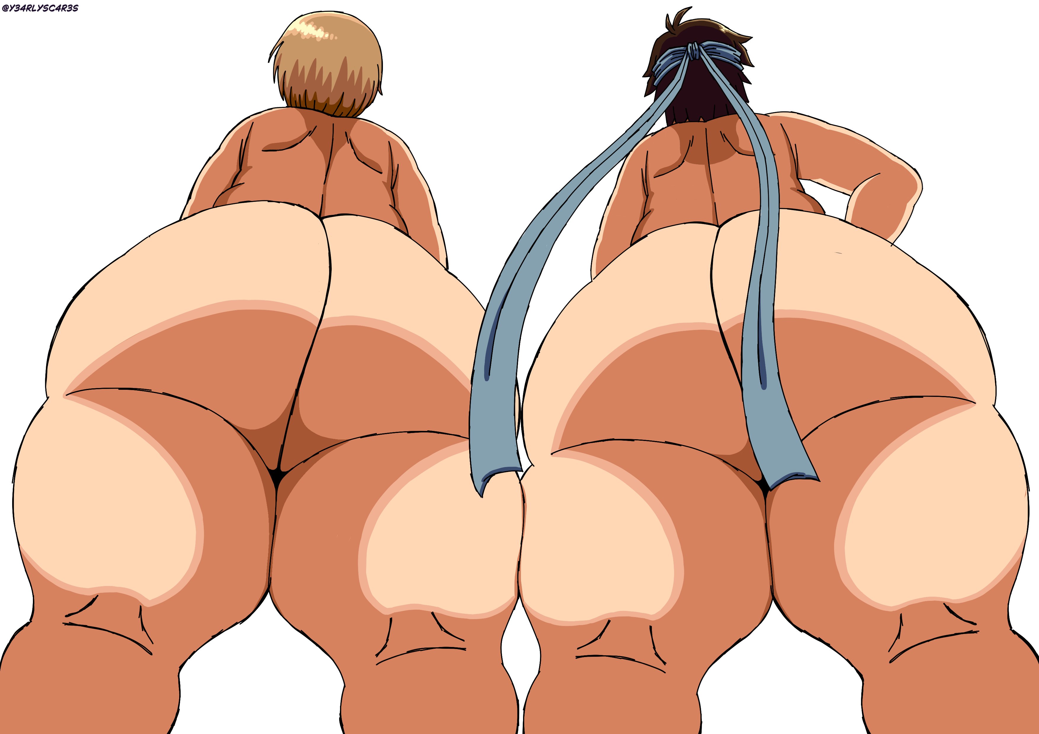 2girls, alternate version available, ass, ass bigger than head, ass focus, atlus, big ass, brown hair, capcom, chubby, chubby female, completely nude, female, female focus, female only, from behind, headband, huge ass, nude, nude female, out of order (artist), persona, persona 4, sakura kasugano, satonaka chie, schoolgirl, short hair, street fighter, thick, thick ass, thick thighs, tomboy