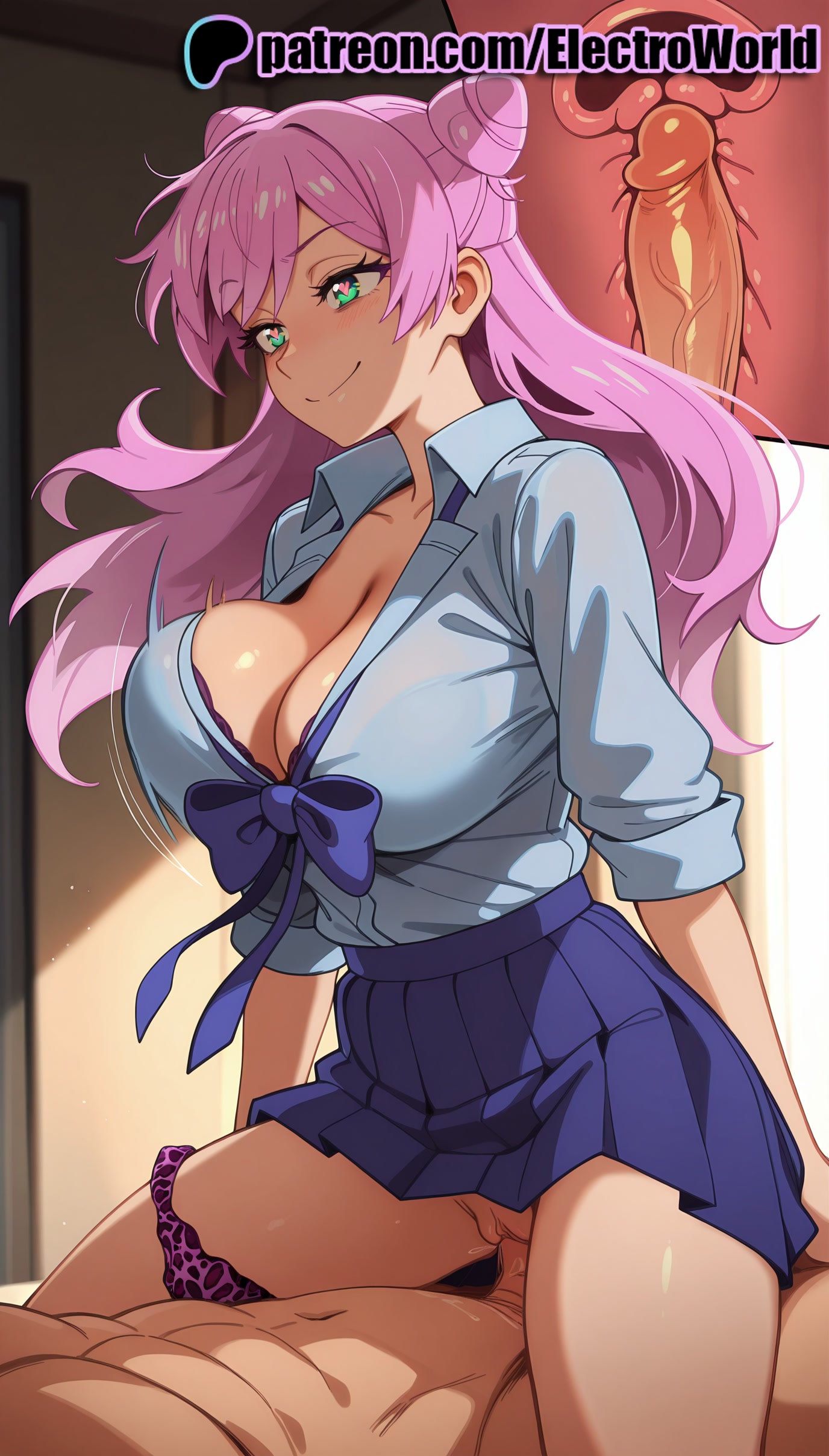 1boy, 1girls, 2025, ai generated, artist name, big breasts, big chest, blush, breasts, bust, busty, chest, cleavage, clitoral hood, clitoris, clothed female nude male, clothed sex, cock, cowgirl position, cross section, deep penetration, dick, ejaculation, electroworld, exposed pussy, female, female on top, fucking, fuufu ijou koibito miman, green eyes, hair bun, heart, heart-shaped pupils, hi res, high quality, high resolution, highres, intercourse, internal cumshot, juicy pussy, large breasts, long hair, love making, male, nude, panties, panties around one leg, patreon, patreon username, penetration, penis, pink hair, pussy, riding, school uniform, sex, sexual intercourse, skirt, smile, solo focus, stable diffusion, straddling, straight, symbol-shaped pupils, tight pussy, uncensored, underwear, uterus, vagina, vaginal penetration, watanabe akari, watermark, x-ray