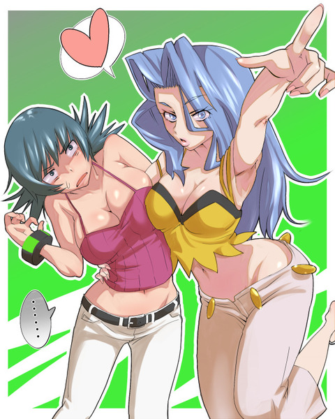 2girls breasts cleavage dark_hair elite_four female female_only game_freak gym_leader human karen_(pokemon) karen_(pokemon_hgss) midriff multiple_females navel nintendo pokemon pokemon_gsc pokemon_hgss pokemon_rgby sabrina_(pokemon) sabrina_(pokemon_hgss) sleeveless sleeveless_shirt zaitsu