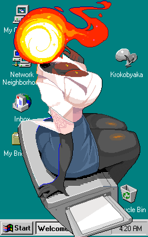 1girls big_breasts busty character_request cleavage clothed desk desktop desktop_screen female female_only fire fire_head flame huge_breasts krokobyaka large_breasts legs mostly_clothed office_clothing office_lady pixel_(artwork) pixel_art sitting sitting_on_desk tagme thick thick_legs thick_thighs thighs windows_xp windows_xp_home