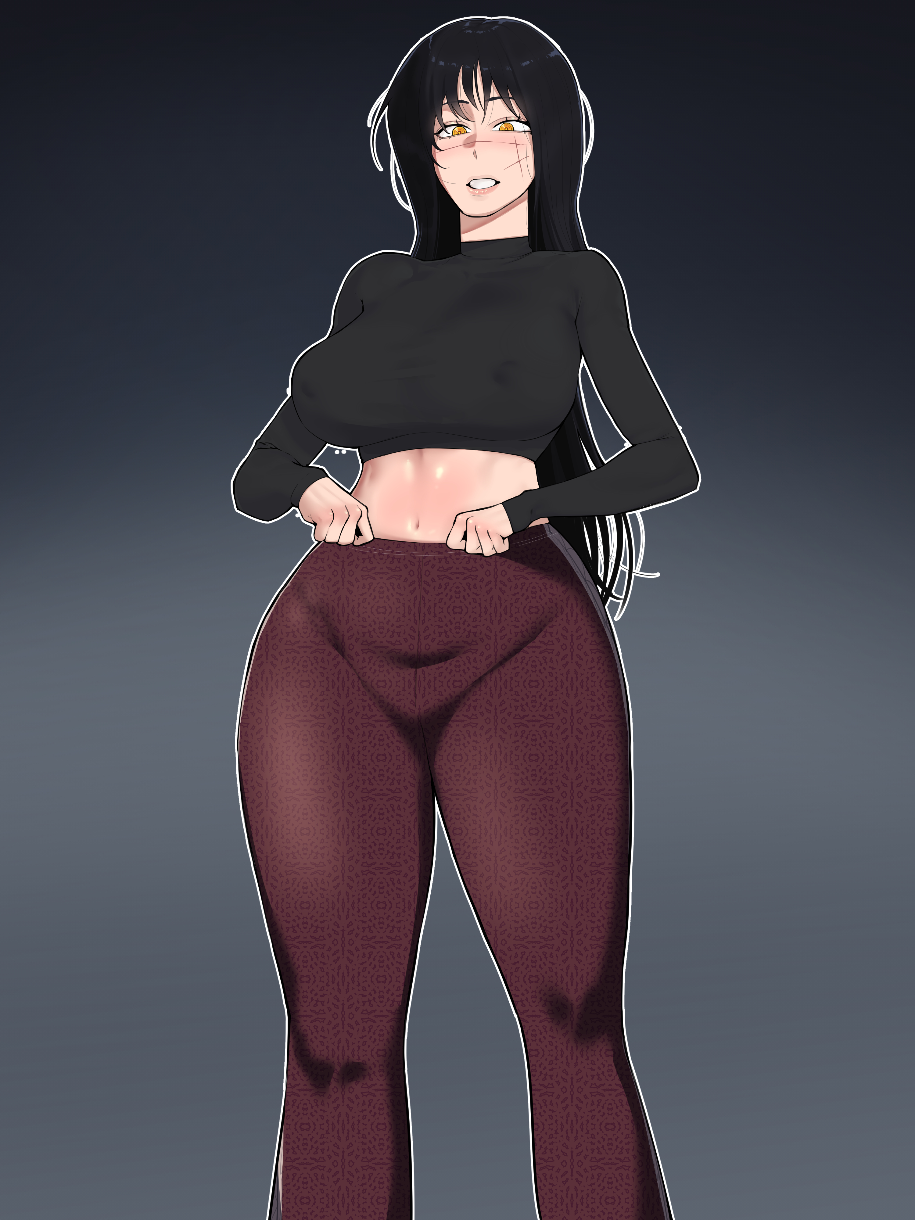 1girls, belly, belly button, big breasts, black hair, breasts, busty, chainsaw man, clothed, dark hair, female, female only, fully clothed, large breasts, light skin, light-skinned female, midriff, mitaka asa, nakge, nakge06, nipple bulge, nipples, nipples visible through clothing, scar, scar on face, scarred, scarred face, scars on face, thick, thick thighs, tight clothes, tight clothing, tight fit, tummy, yoru (chainsaw man)