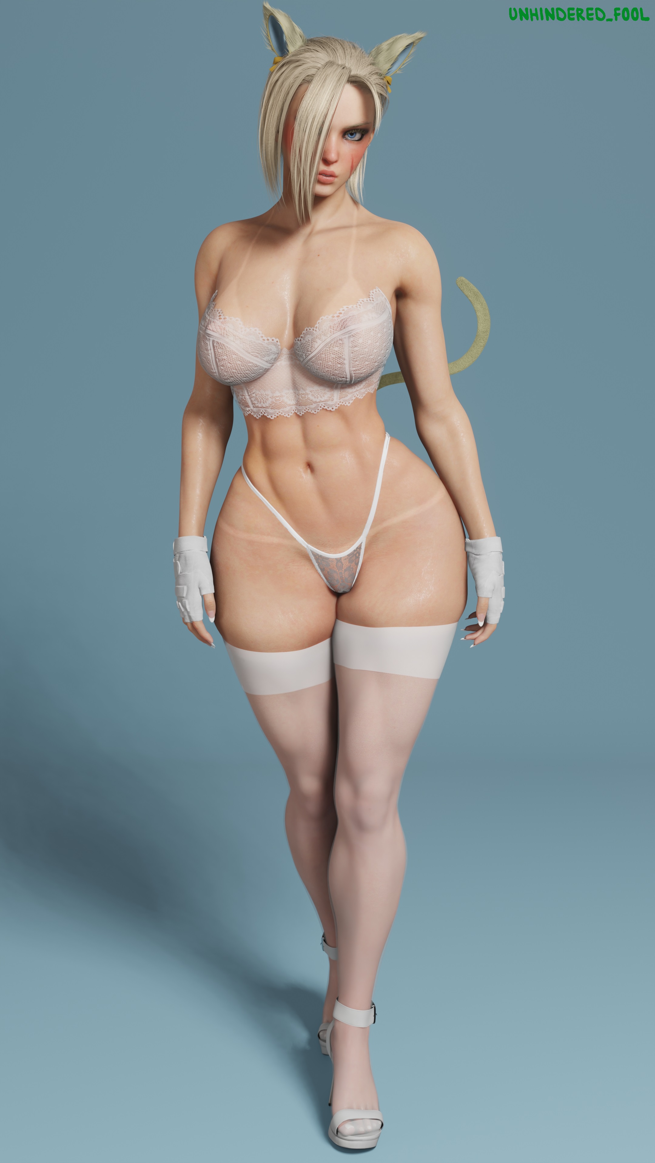 3d, animal ears, big breasts, blue eyes, blue-eyed female, breasts, british, british female, cammy white, capcom, cat ears, cat girl, cat tail, catgirl, ear, european, european female, female, female focus, female only, light skin, light-skinned female, looking at viewer, scar, scar on cheek, scar on face, solo, solo female, solo focus, street fighter, tail, the unhindered fool, thick thighs, thighs, walking, walking towards viewer
