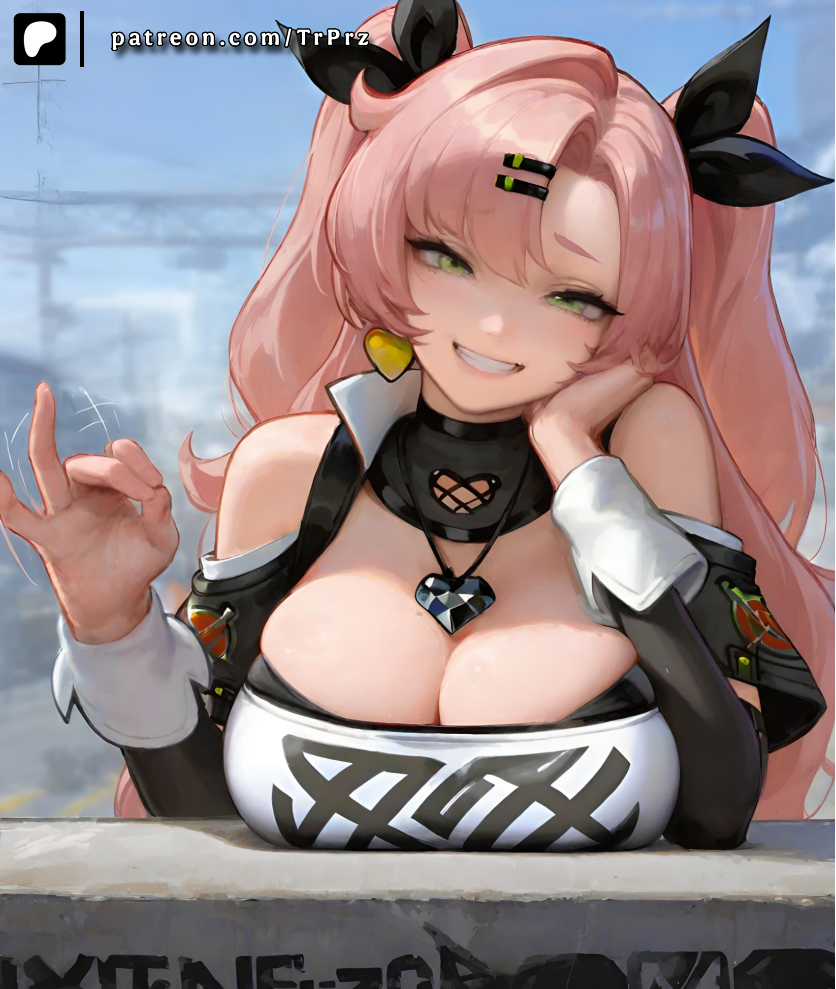 ai generated, breast rest, breasts, cleavage, female, female only, handjob gesture, huge breasts, looking at viewer, naughty face, nicole demara, pink hair, smile, trugprz, zenless zone zero