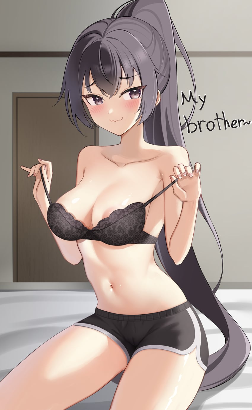1girls, absurd res, adjusting bra, adjusting clothes, areola slip, black bra, black hair, blush, bra, breasts, cleavage, commentary, dolphin shorts, english text, female, hi res, high ponytail, jinmuxi (user pvha4443), kmos, long hair, medium breasts, navel, no shirt, ponytail, purple eyes, shorts, smile, solo, suou yuki, teenage female, teenager, tokidoki bosotto russian de dereru tonari no alya-san, underwear, undressing, very long hair